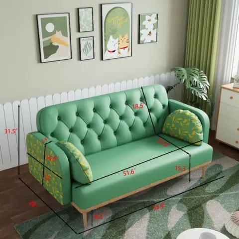 Green Loveseat Sofa With Tulip Pattern Modern Upholstered Two Seater Pu Sofa With 2 Dumpling Shaped Throw Pillows With Tulip Patterns 9