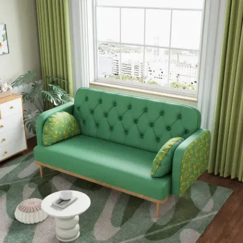green Loveseat sofa with tulip pattern Modern Upholstered Two Seater PU Sofa with 2 dumpling-shaped throw pillows with tulip patterns