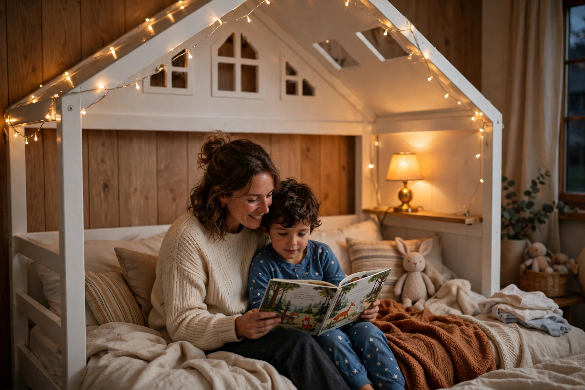 Parent reading to child on the lower bunk of a house bunk bed at bedtime