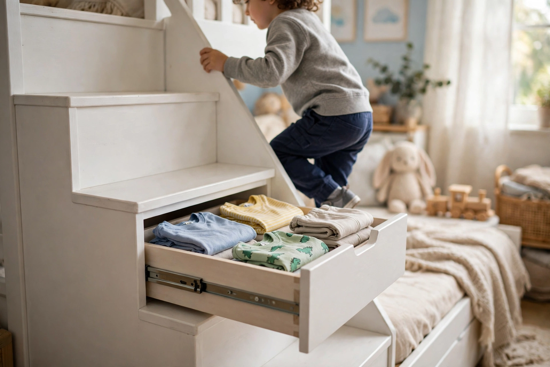 Child climbing storage staircase steps on a bunk bed with stairs, drawers open