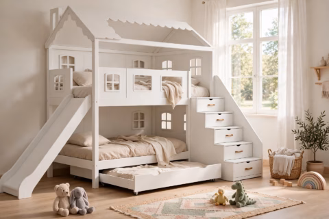 Bunk bed with stairs in a white house kids bedroom with slide and trundle