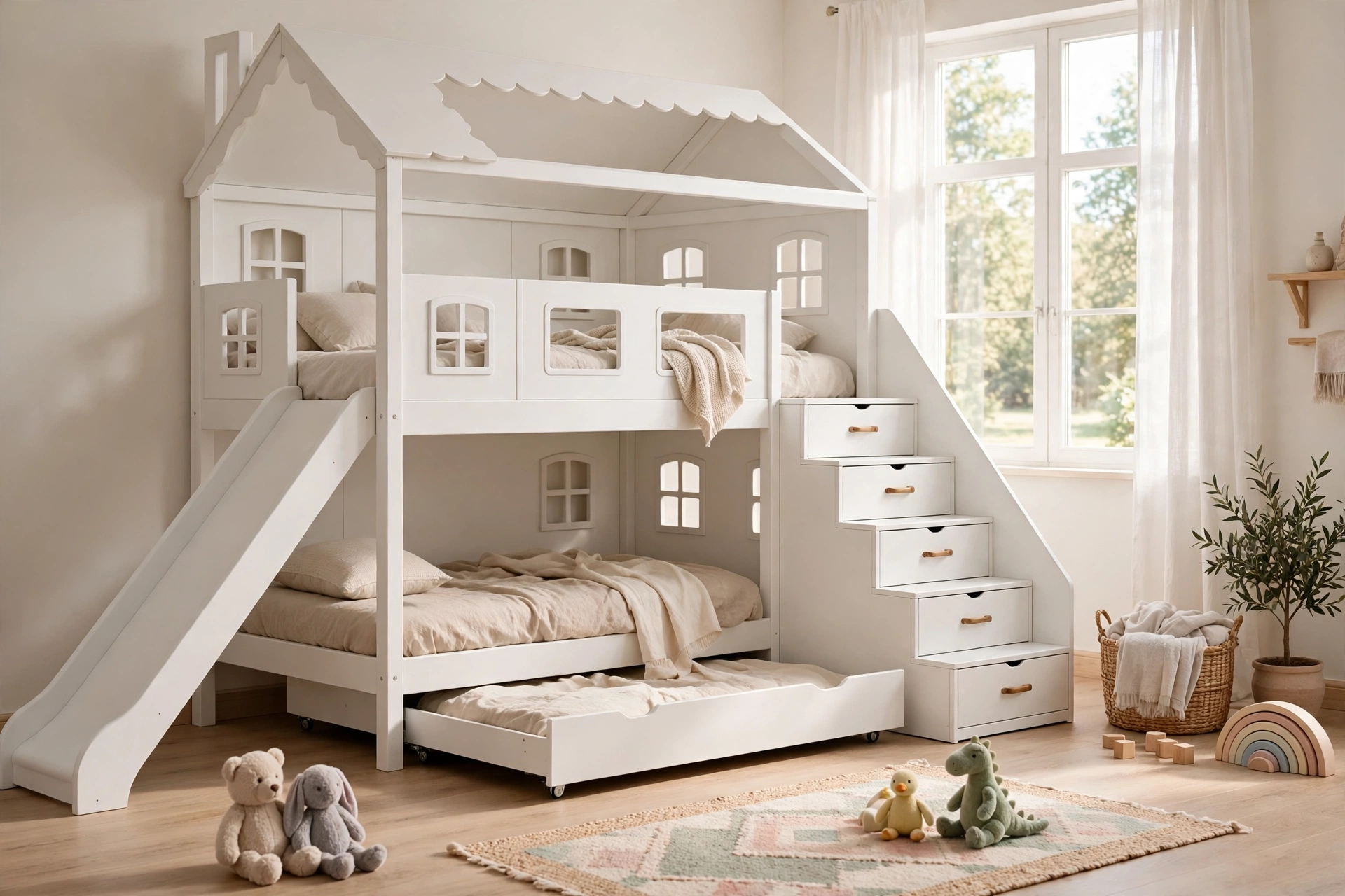 Bunk bed with stairs in a white house kids bedroom with slide and trundle