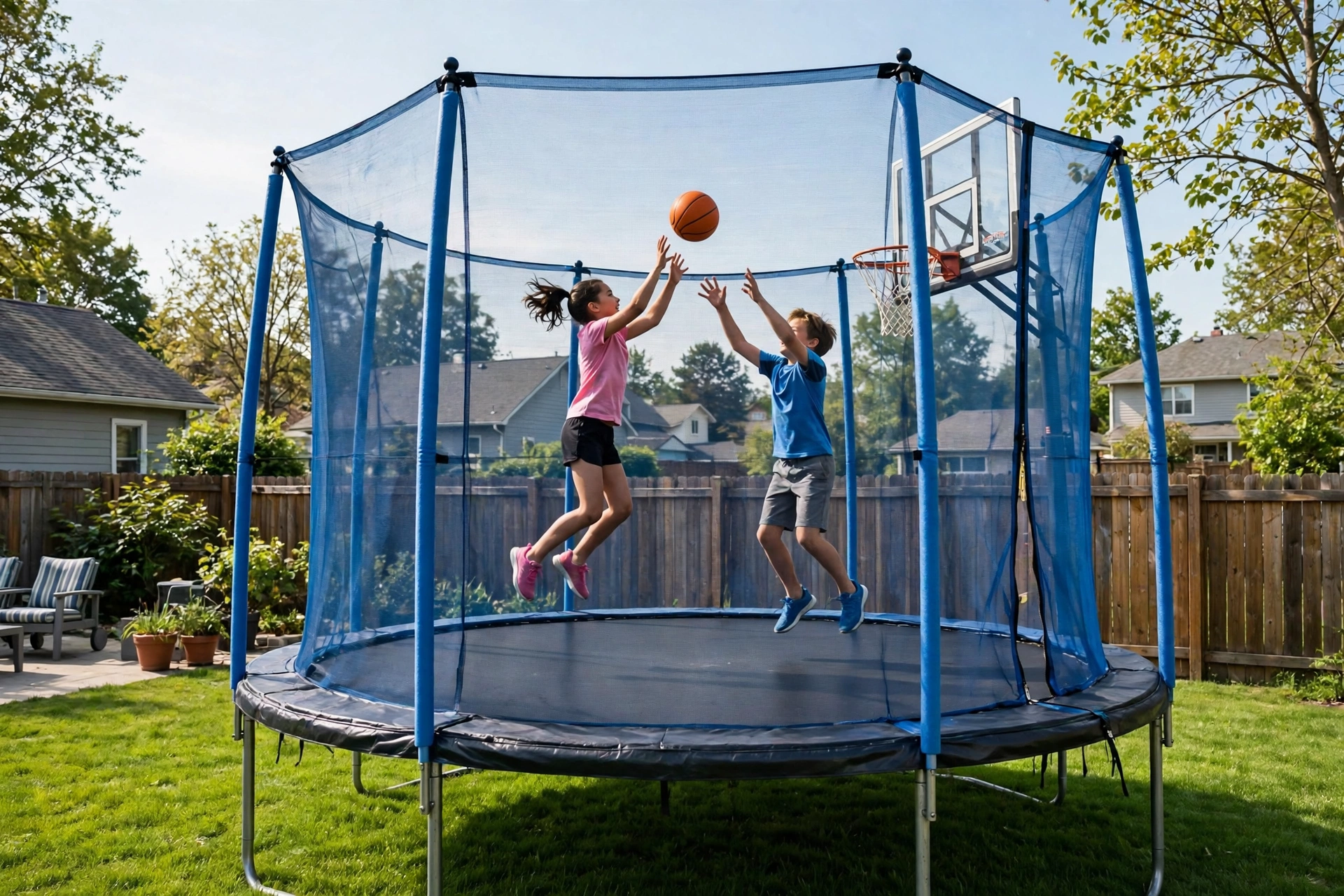 Kids playing basketball on a 14ft trampoline with basketball hoop in a backyard