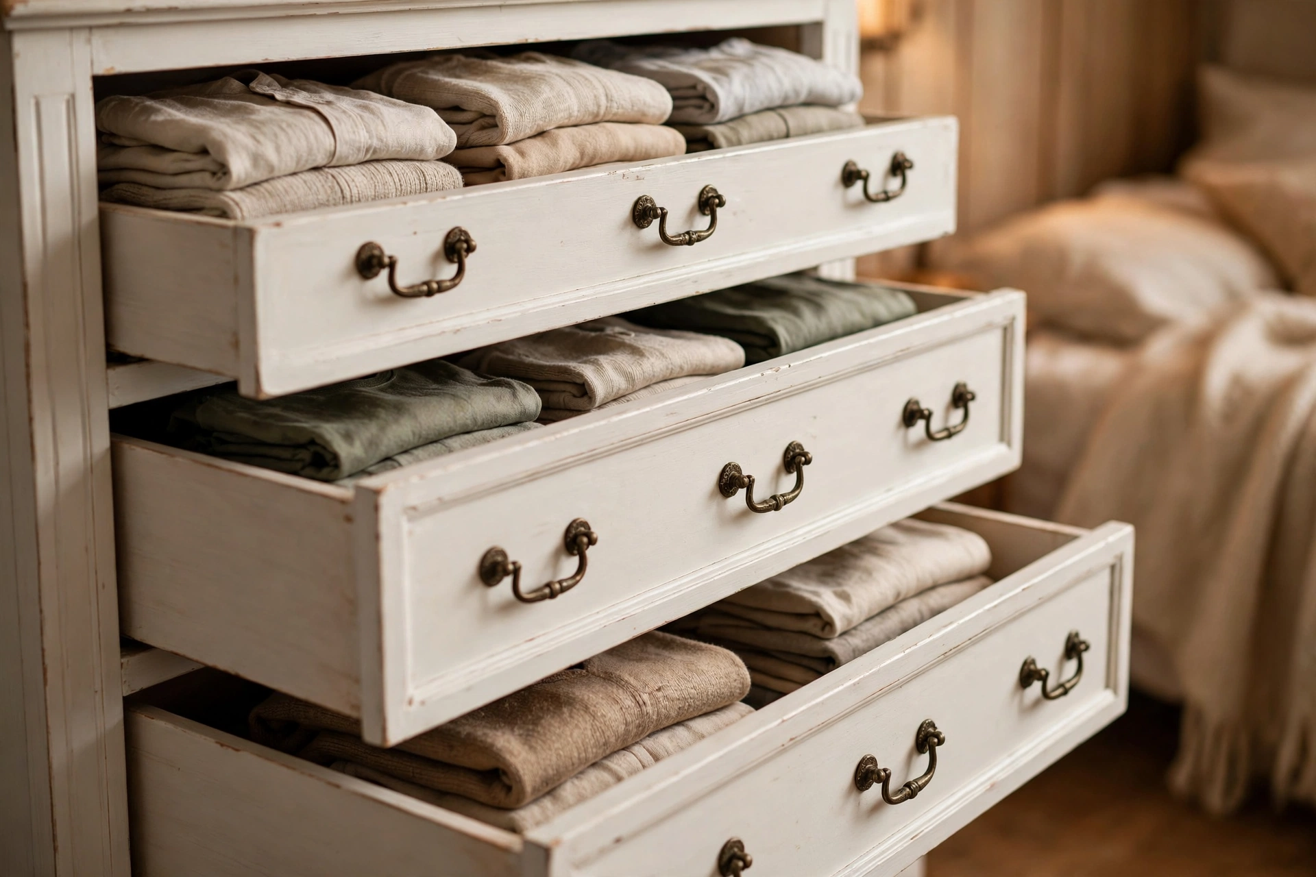9 drawer dresser with open drawers holding folded clothes