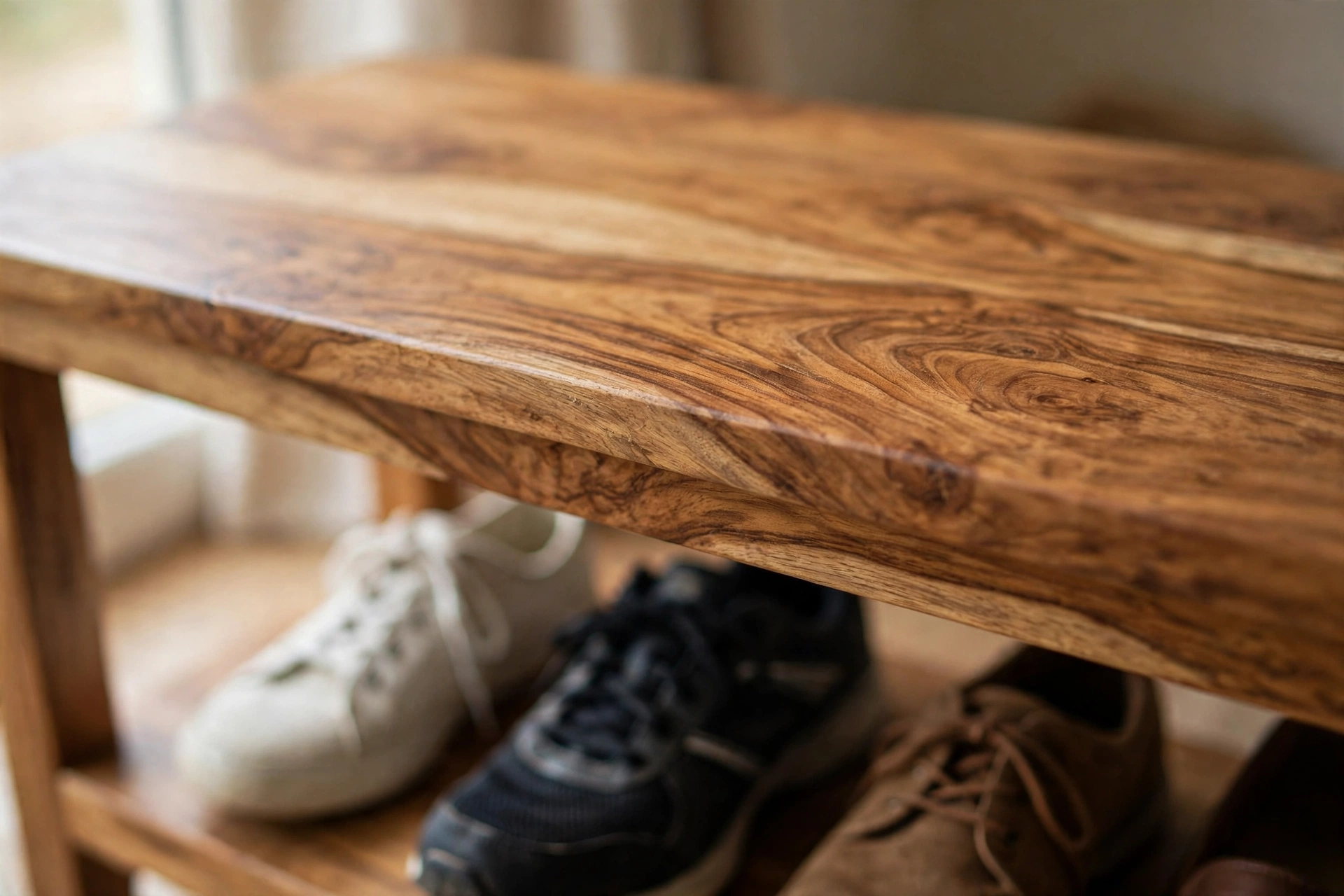 Natural acacia wood grain on a shoe storage bench with sneakers below