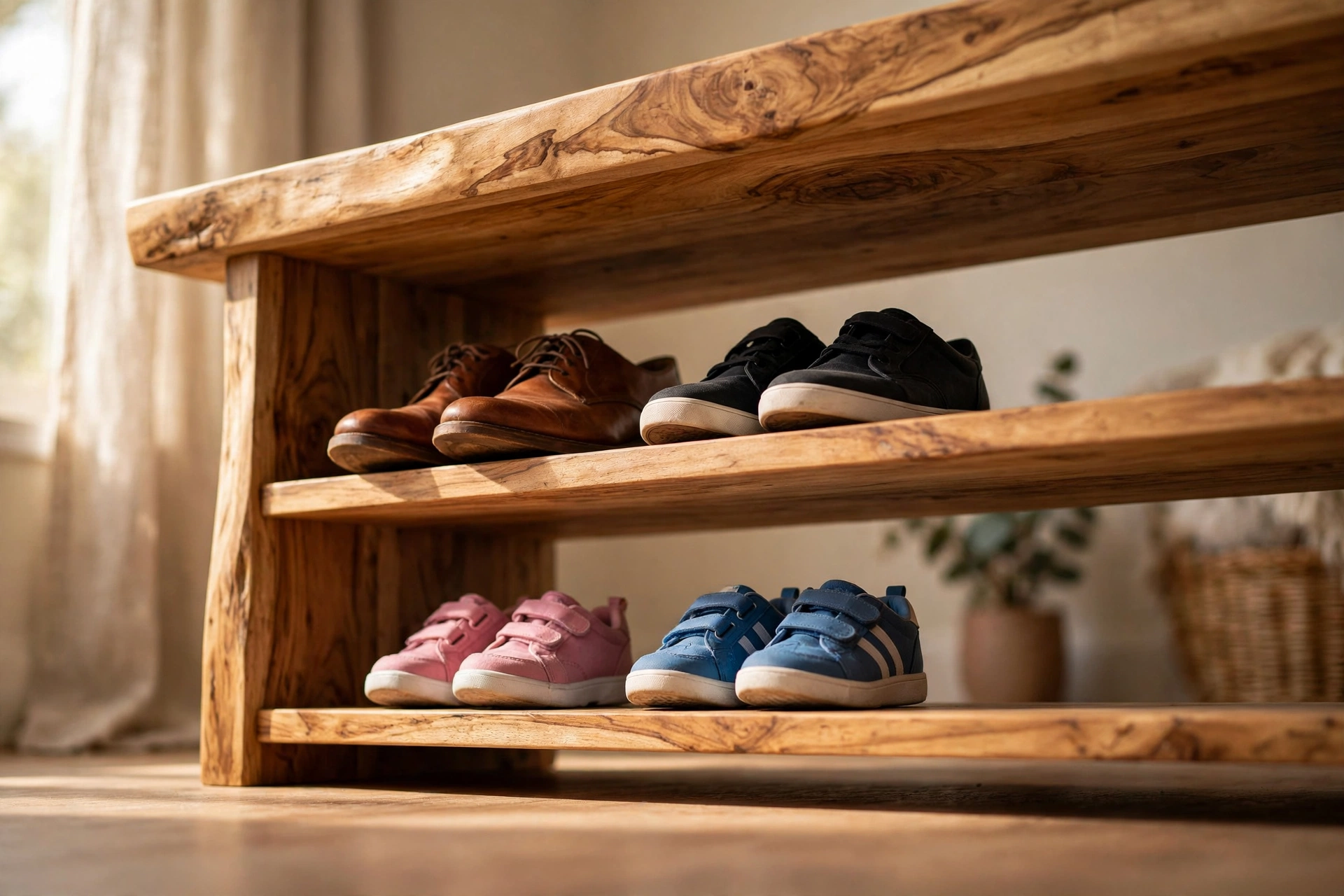Close-up of acacia wood shoe bench top with neat shoe rows