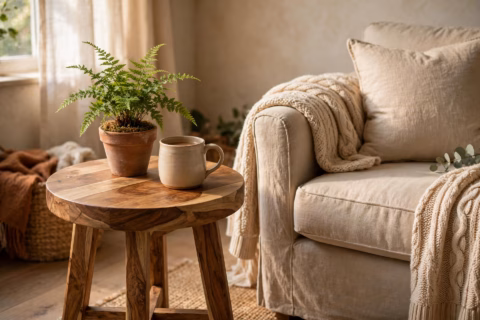 Acacia wood stool used as an end table next to a living room armchair