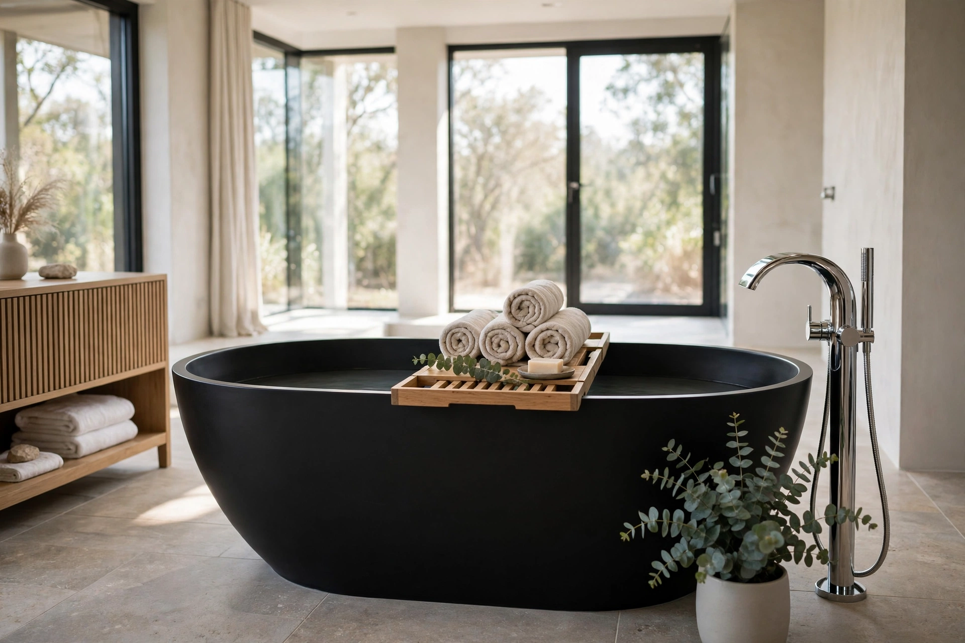 Freestanding bathtub: black acrylic soaking tub in a modern bathroom