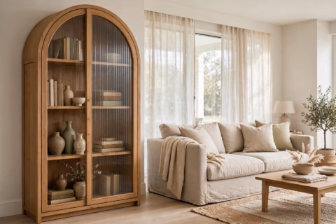 Arched glass display cabinet styled in a bright living room