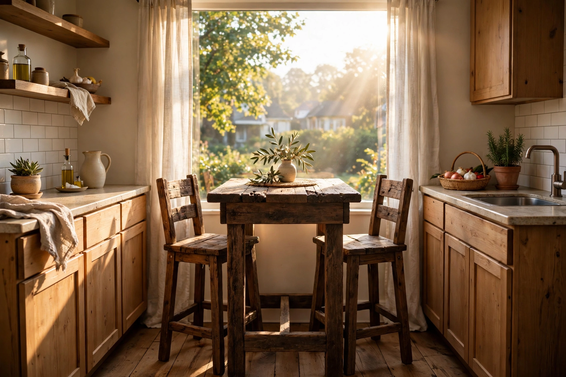 Bar table set with 2 stools in a small apartment kitchen nook at sunrise