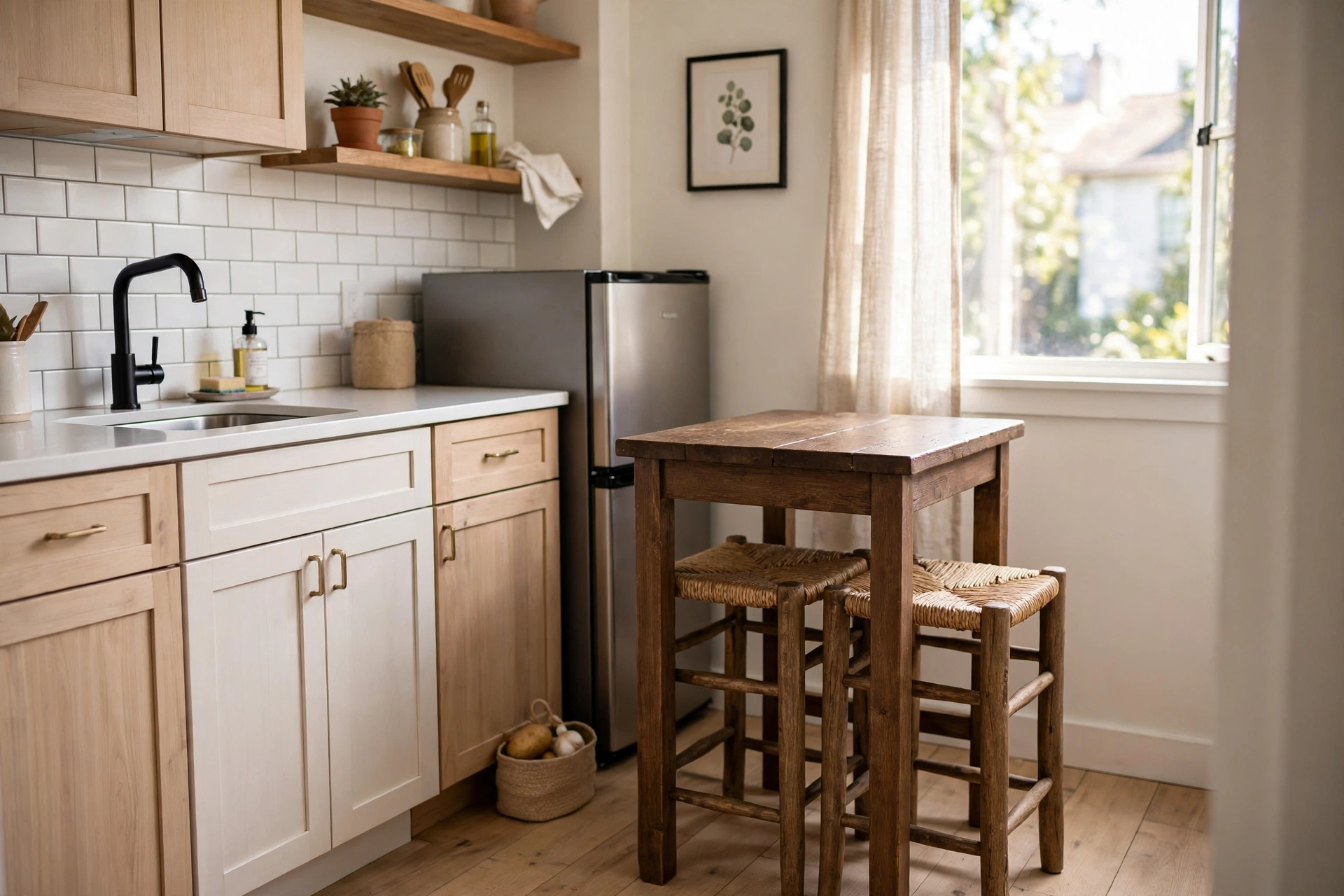 Two stools tucked completely under a bar table set with 2 stools to save floor space