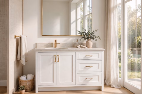 54 inch white solid wood bathroom vanity with sink in a bright modern bathroom