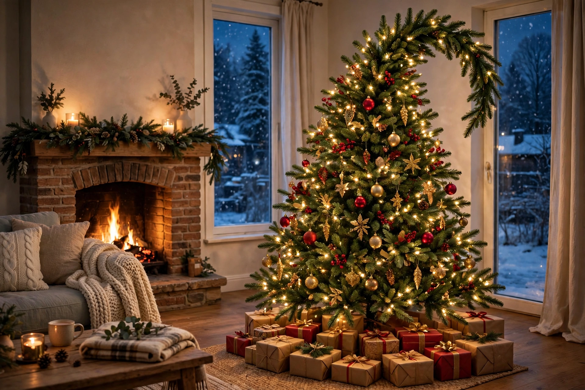 6ft artificial Christmas tree with bent top glowing with pre-strung LED lights in a cozy living room