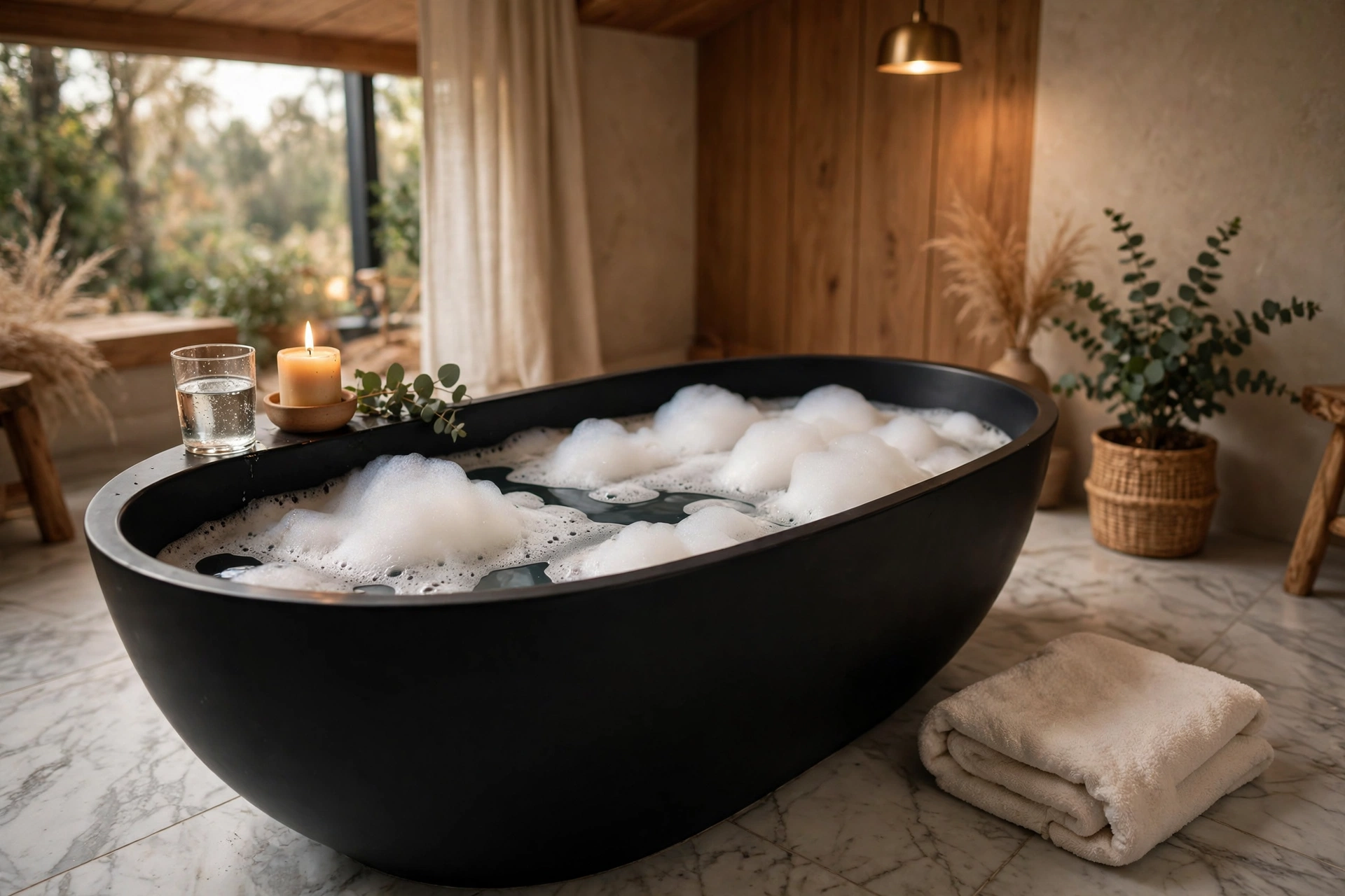 Bubble soak in a black freestanding soaking tub