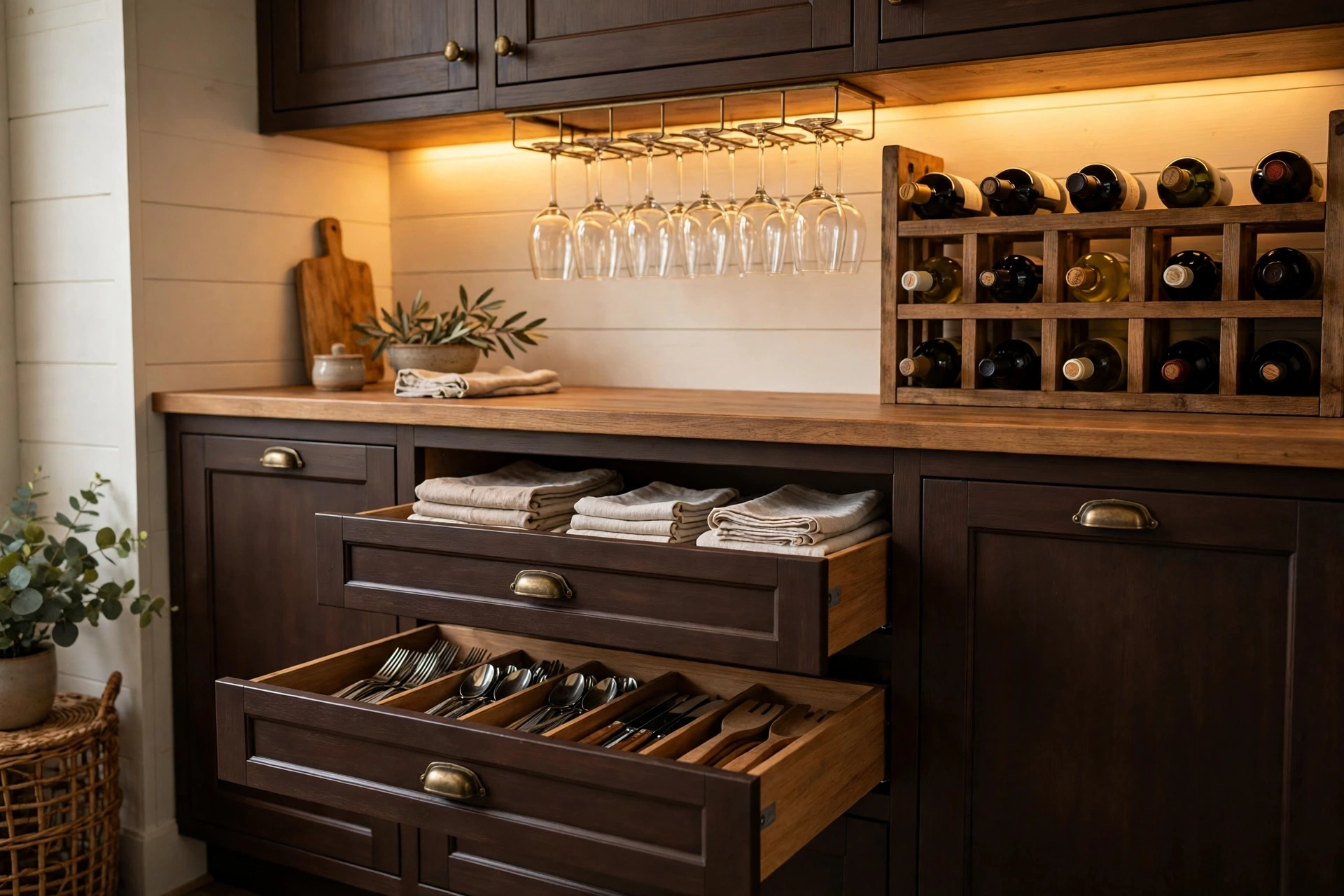 Buffet cabinet with drawers open showing organized linens and wine glasses
