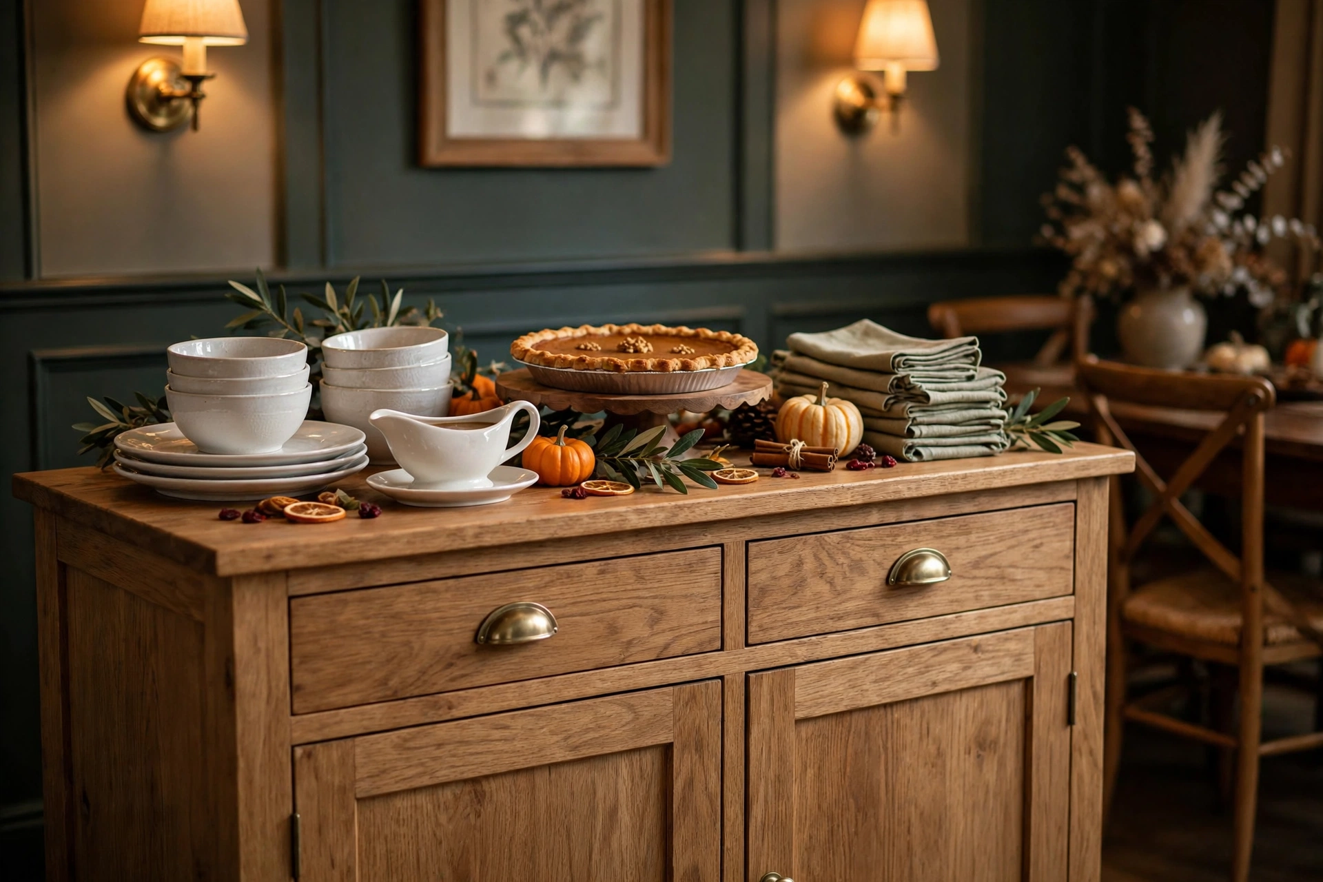 Buffet sideboard styled as a Thanksgiving serving station to free up dining table seating