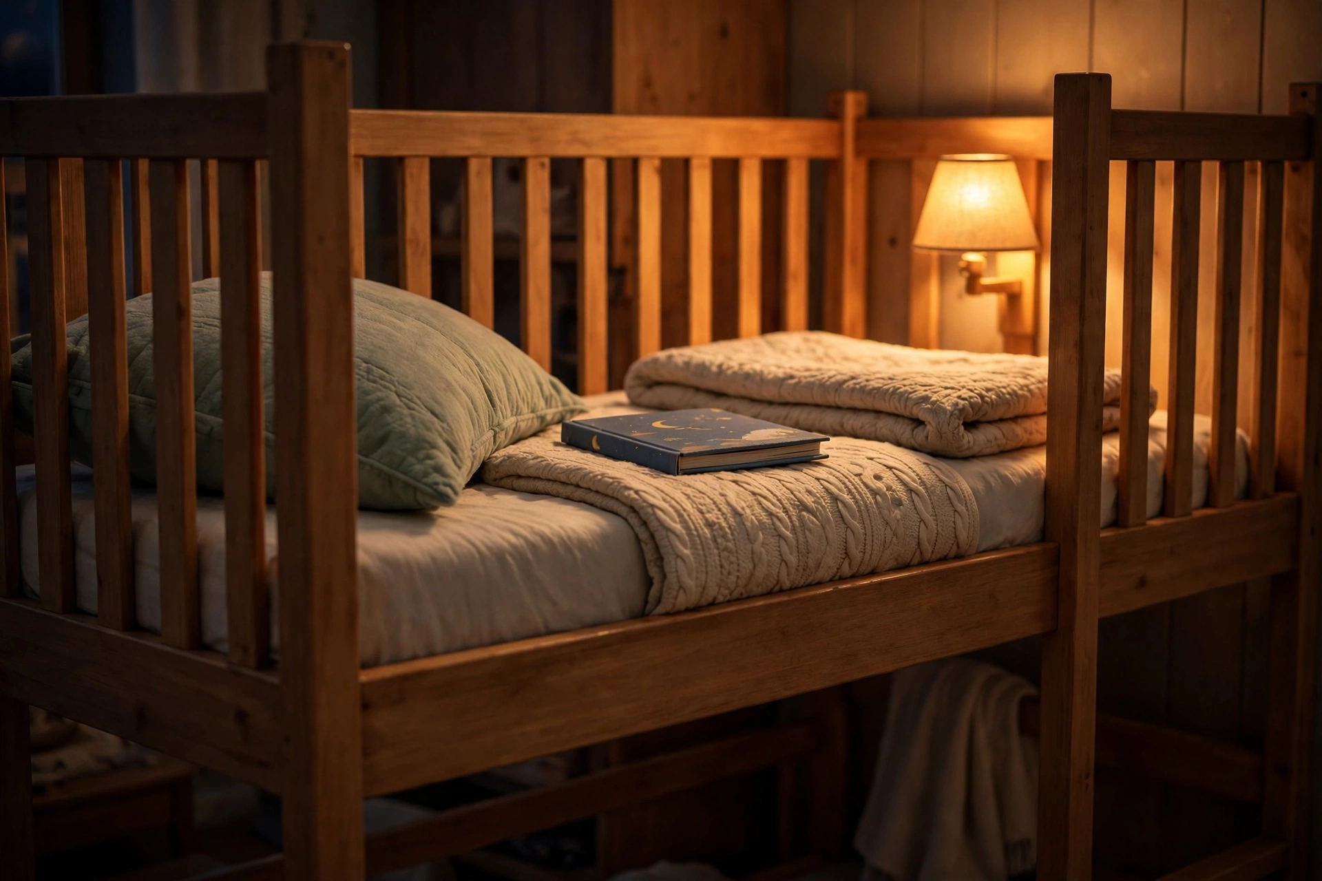 Close view of guard rails and mattress on a kids bunk bed top bunk for safe sleep