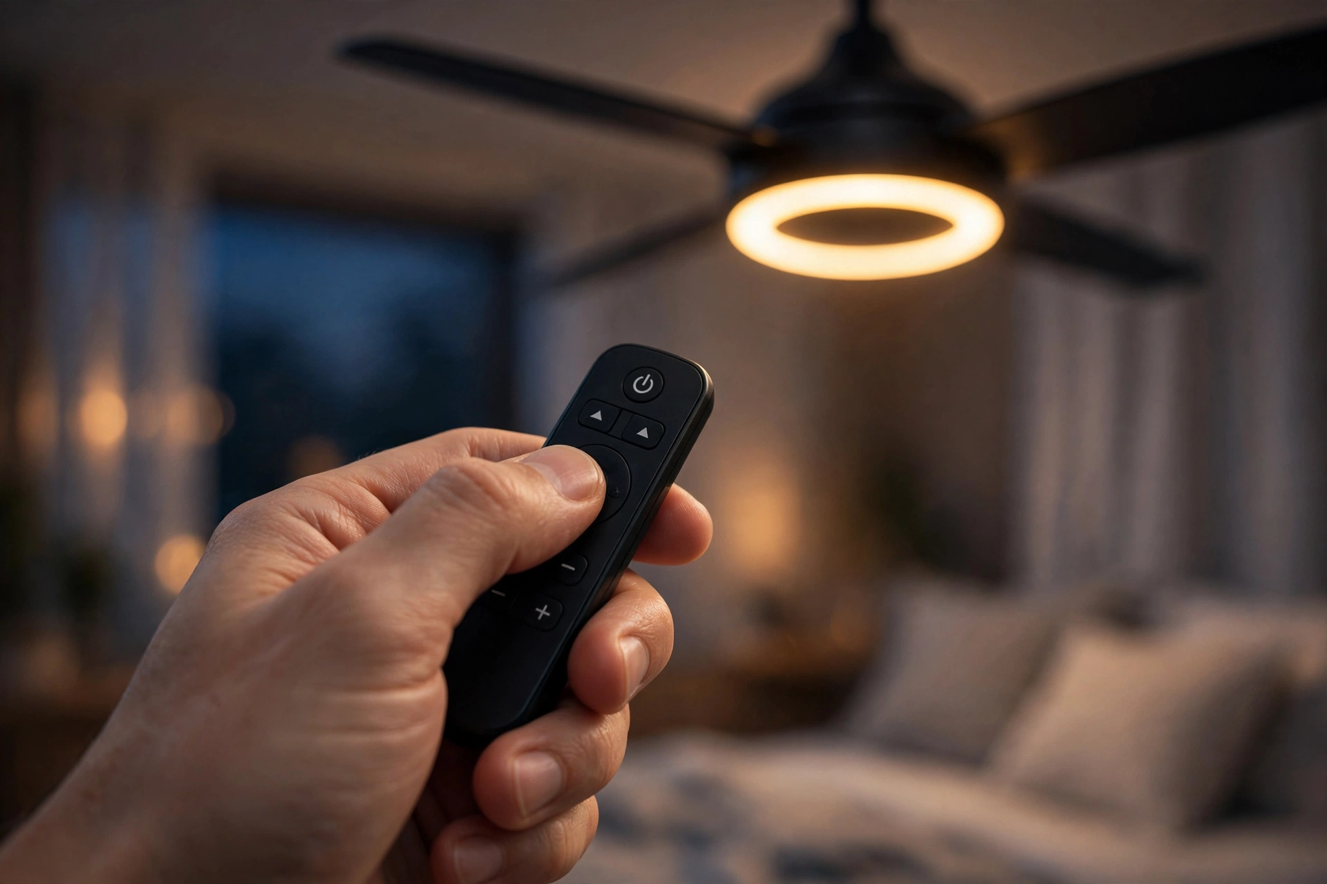 Hand holding remote control for a dimmable ceiling fan with lights