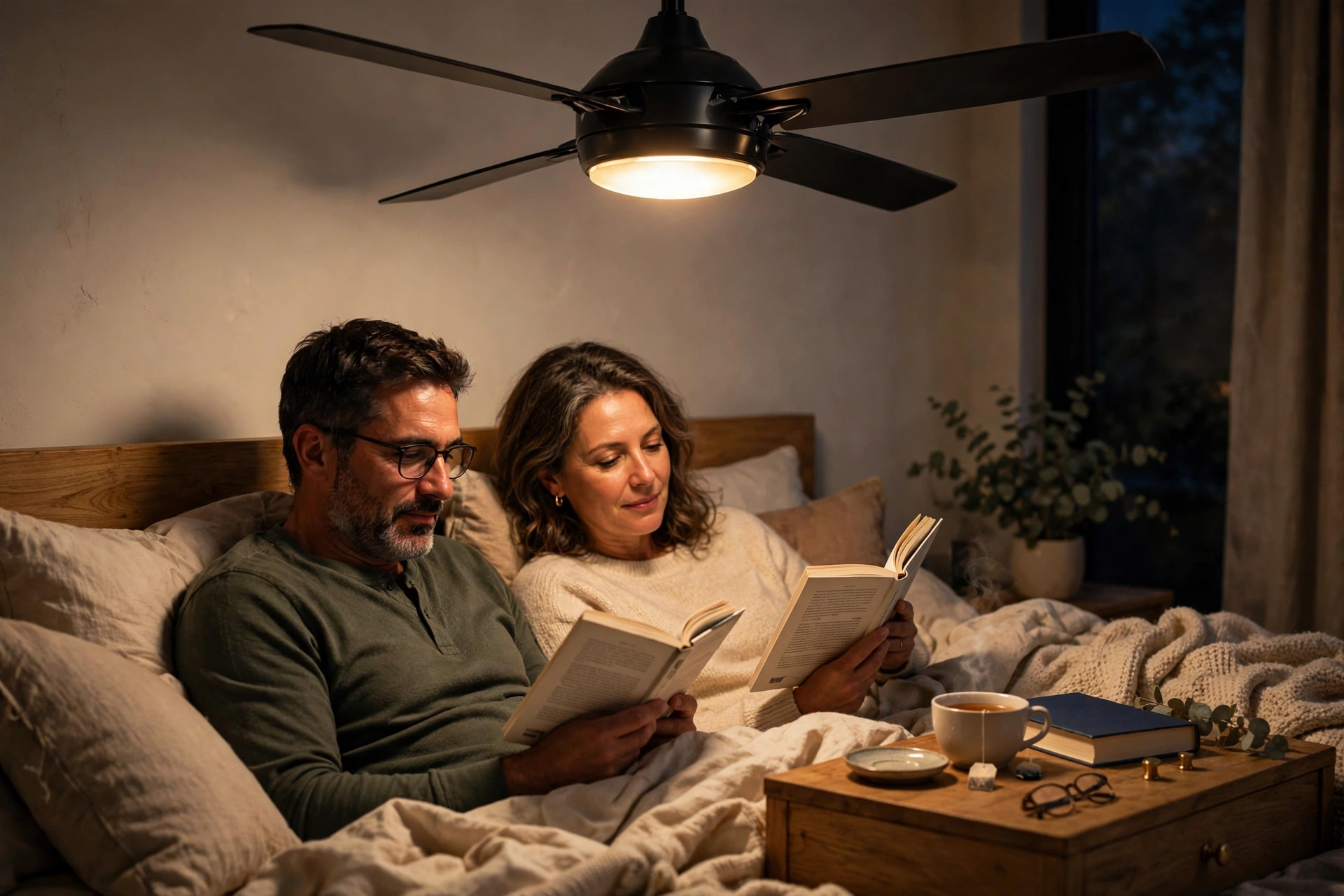 Couple reading under warm LED light from a DC motor ceiling fan with lights