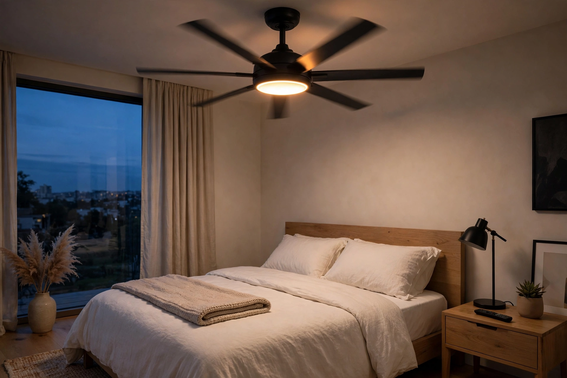 Dimmable ceiling fan with lights glowing in a cozy bedroom at dusk