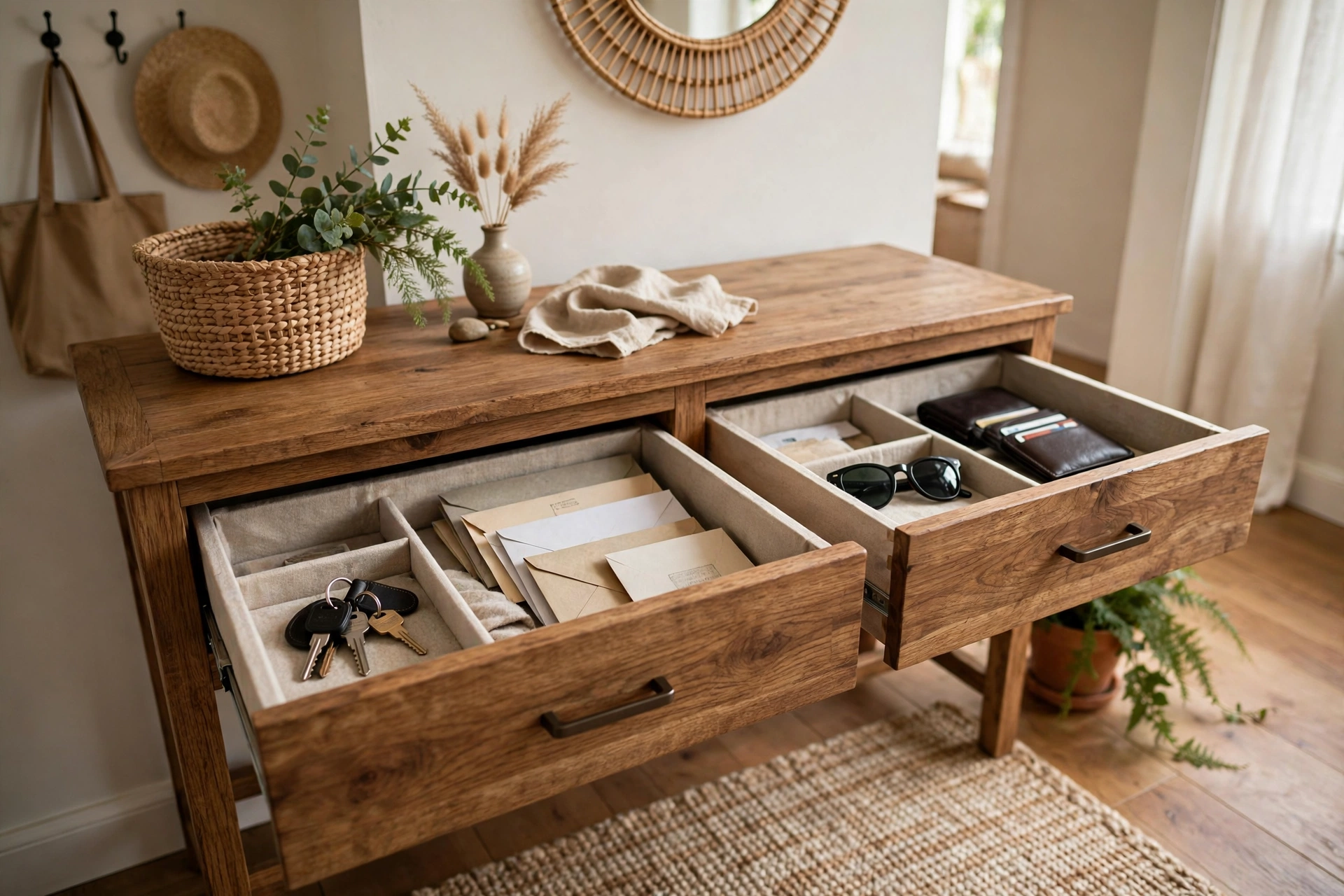 Entryway console table with drawers open showing organized keys and mail