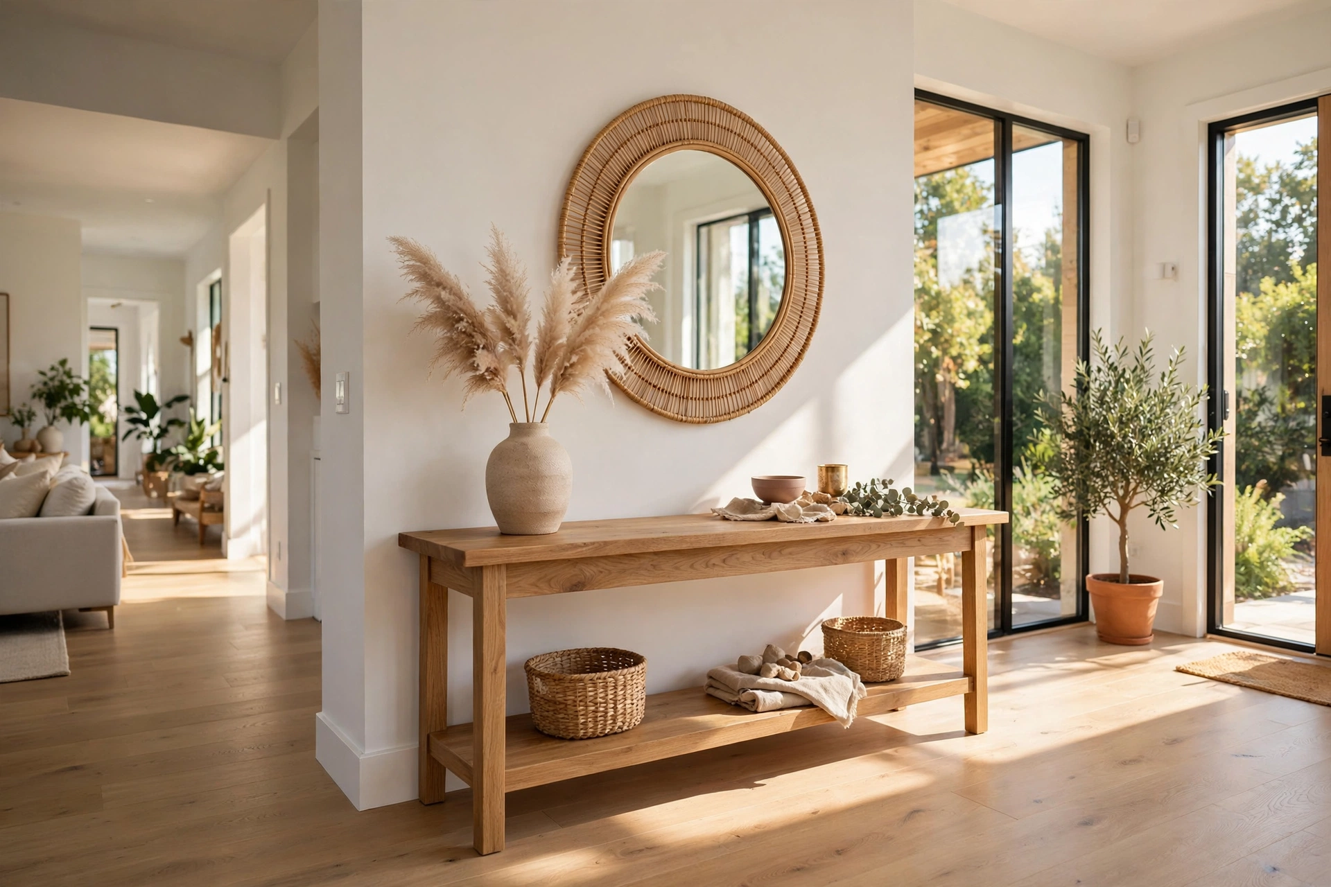 Console table for entryway styled with mirror and vase in a bright hallway