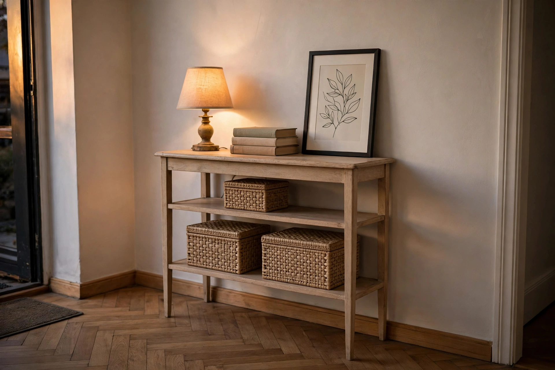 Narrow console table for entryway styled with lamp and books in a foyer