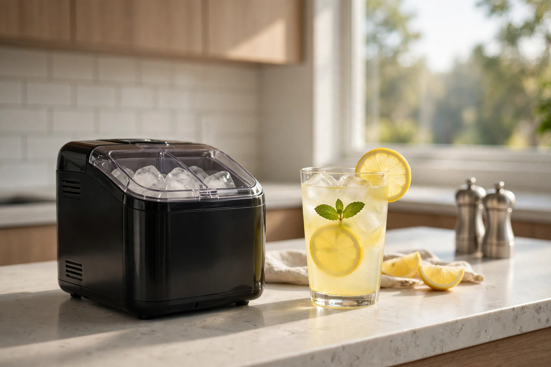 Countertop ice maker machine on a kitchen counter making fresh ice cubes