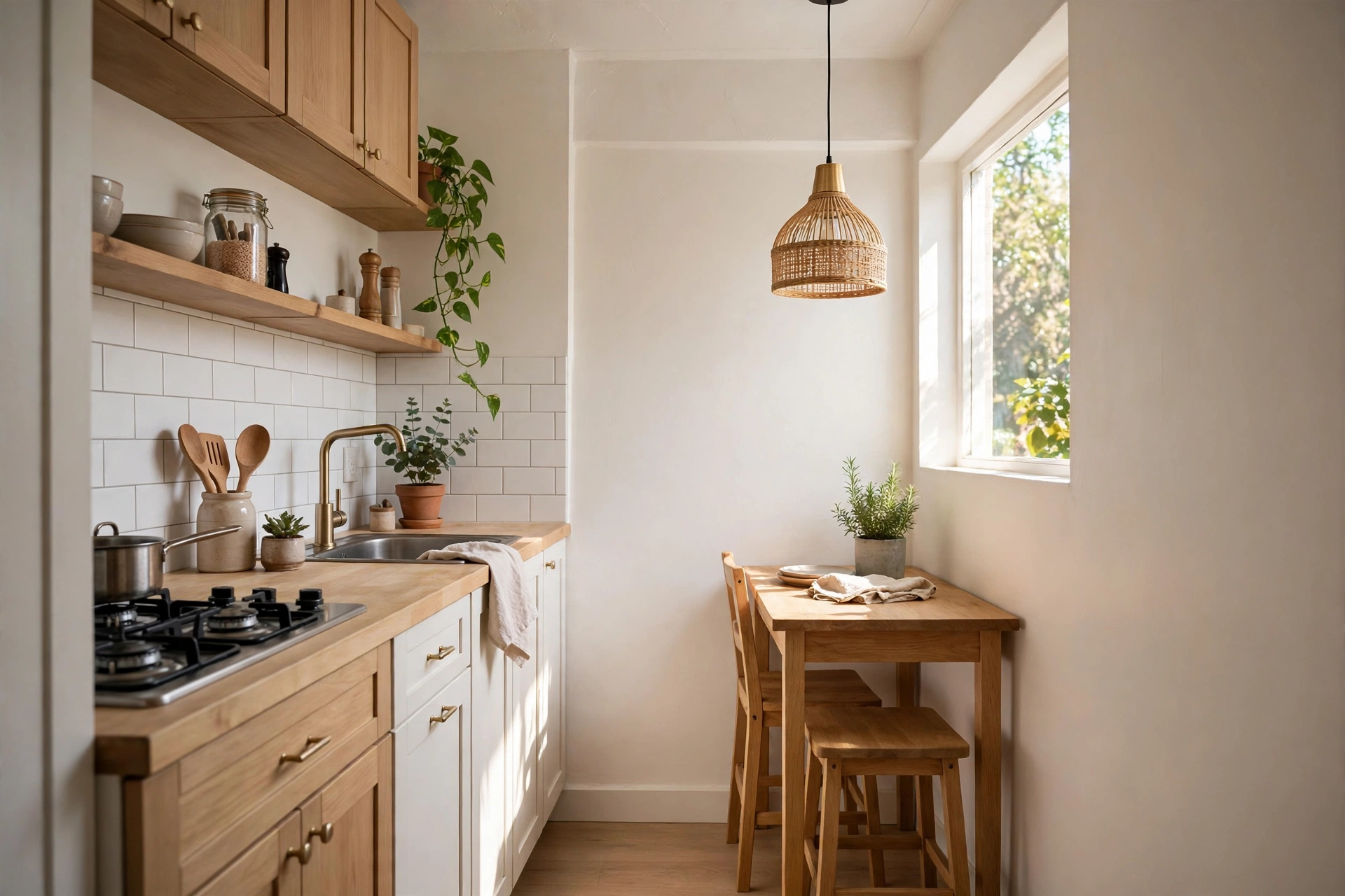 Small dining table set with stools tucked under in a narrow kitchen