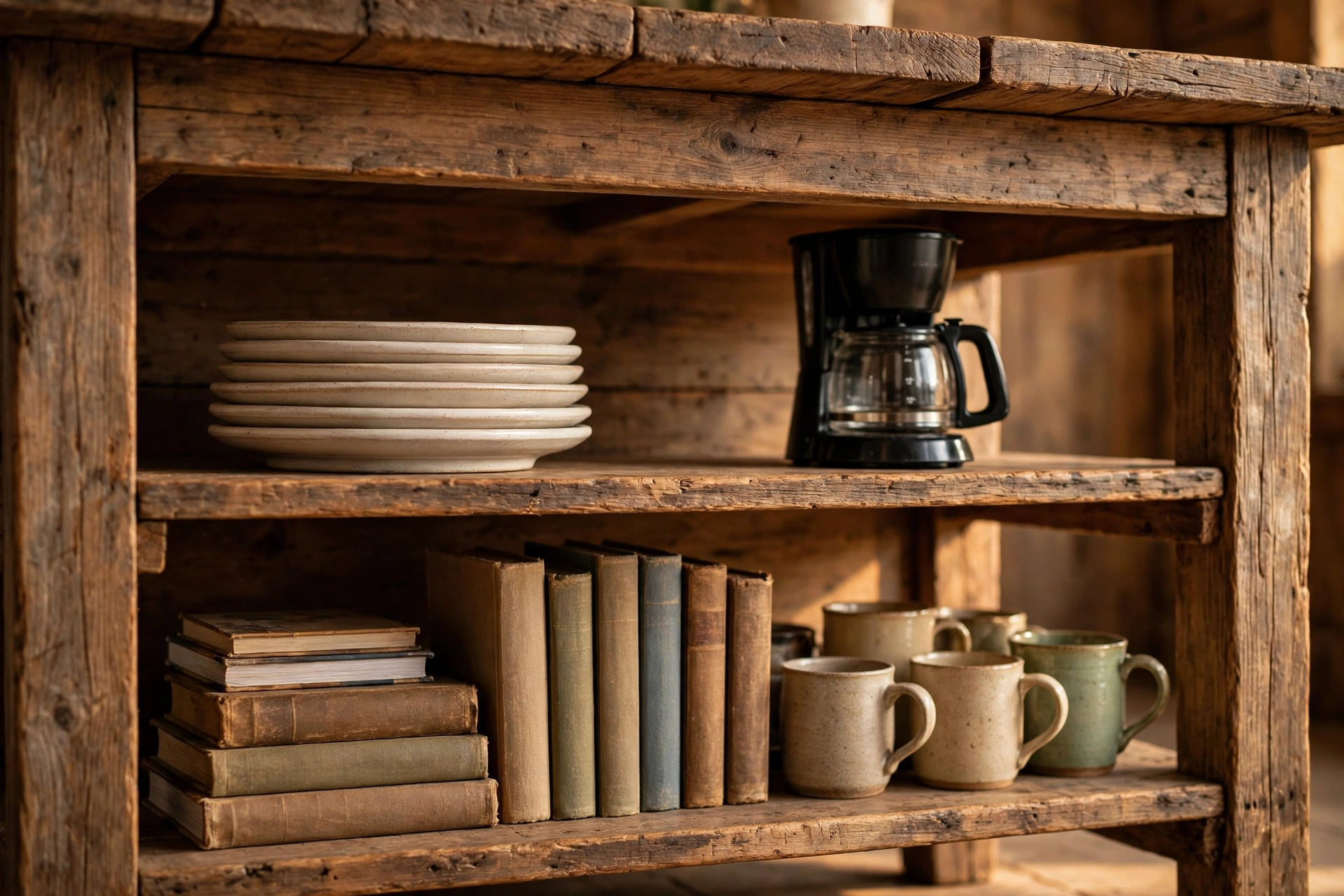 Dining table with storage shelves holding plates and a coffee maker
