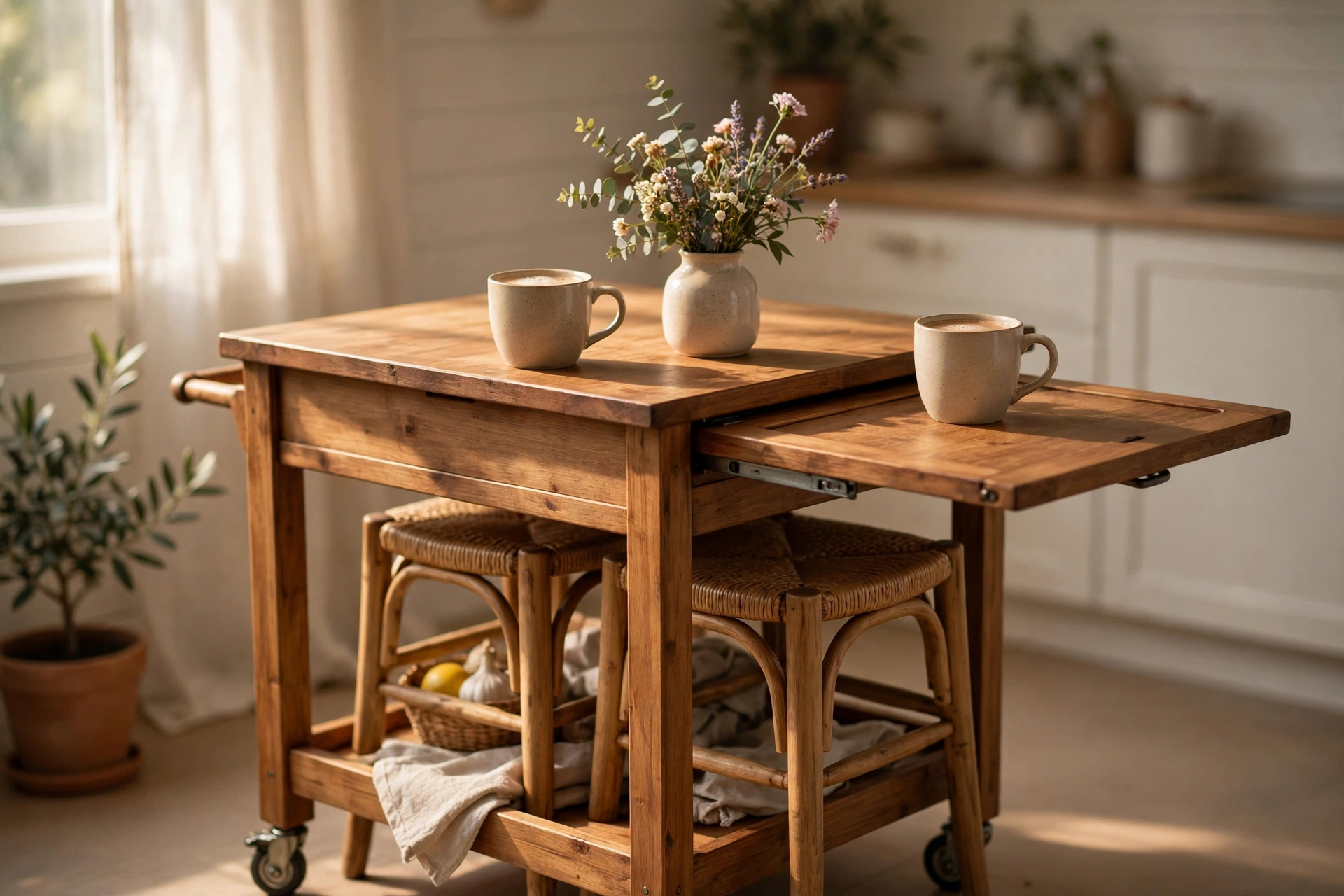 Kitchen island with drop leaf extended as a breakfast nook with stools