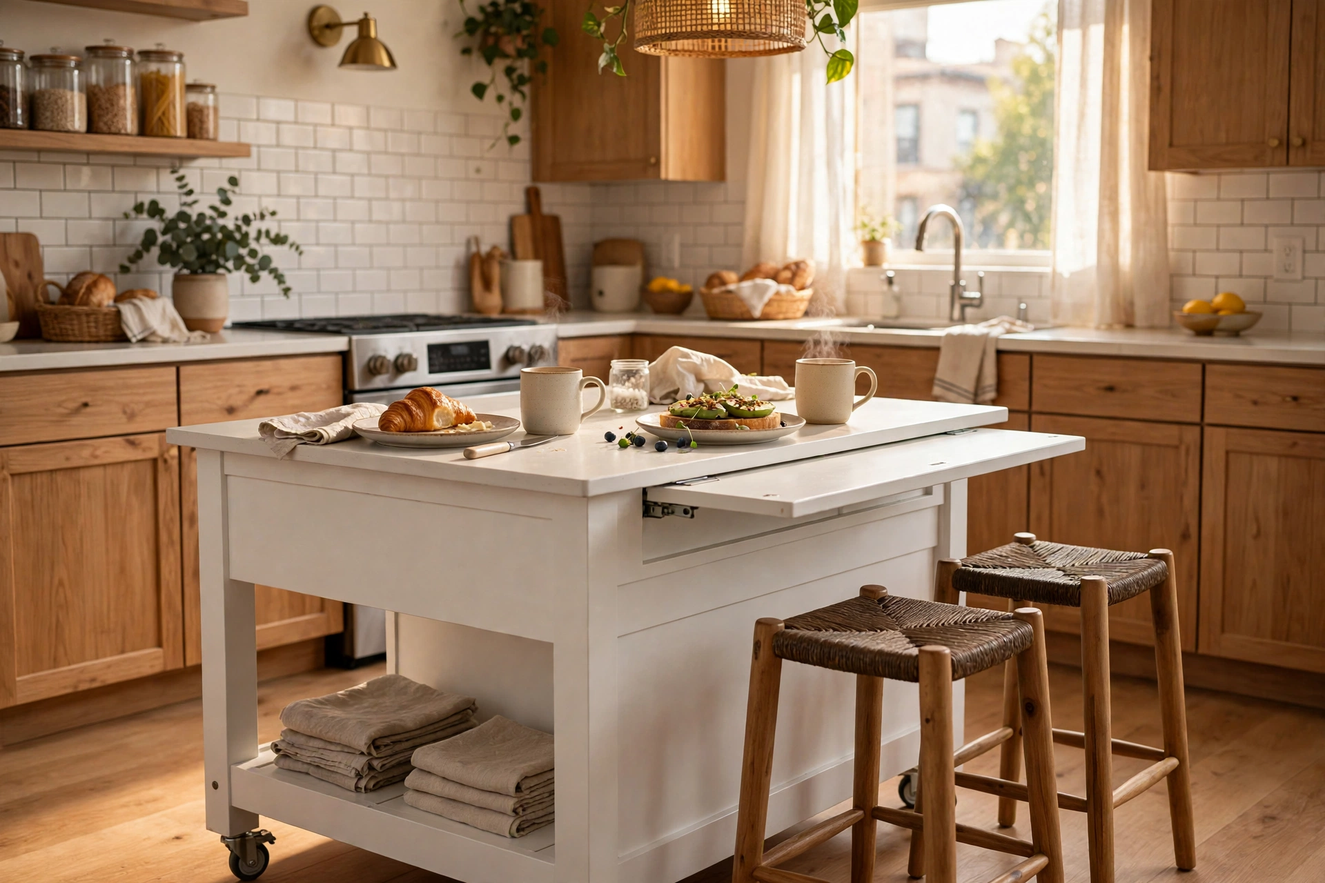 Drop leaf kitchen island used as a dining table for two