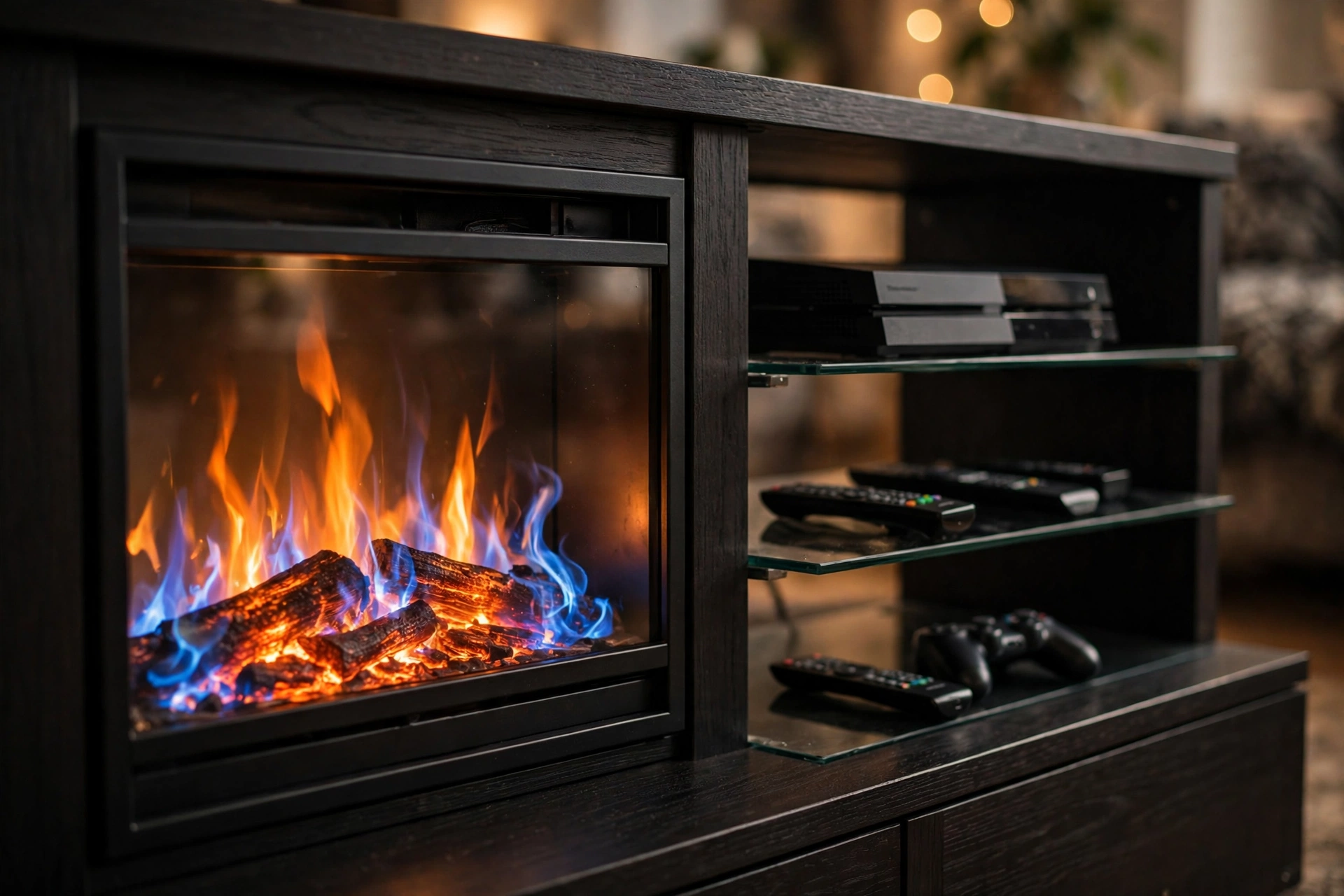 Close-up of colorful LED flames on an electric fireplace TV stand