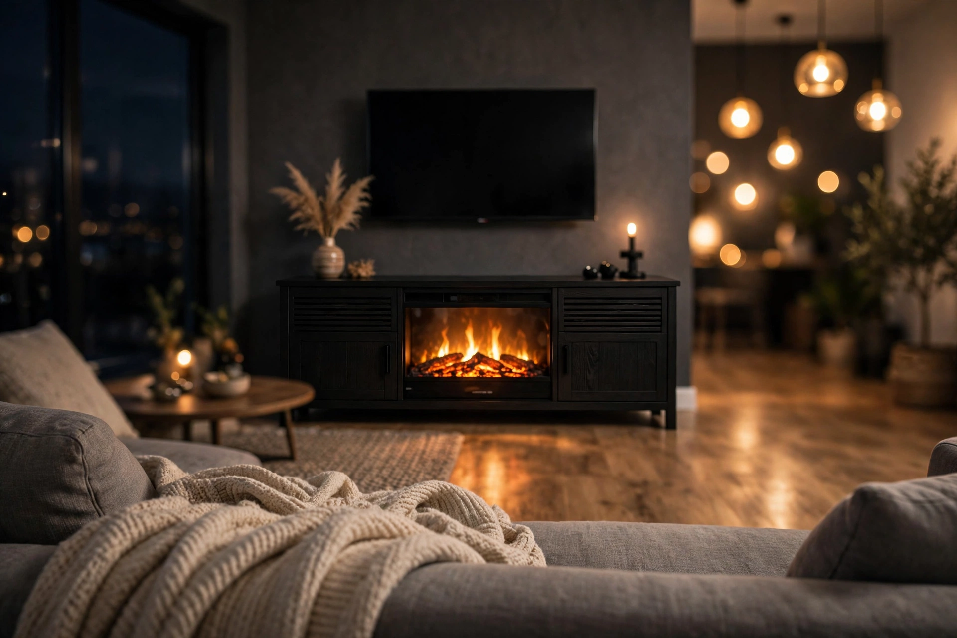 Electric fireplace TV stand glowing in a cozy living room at night