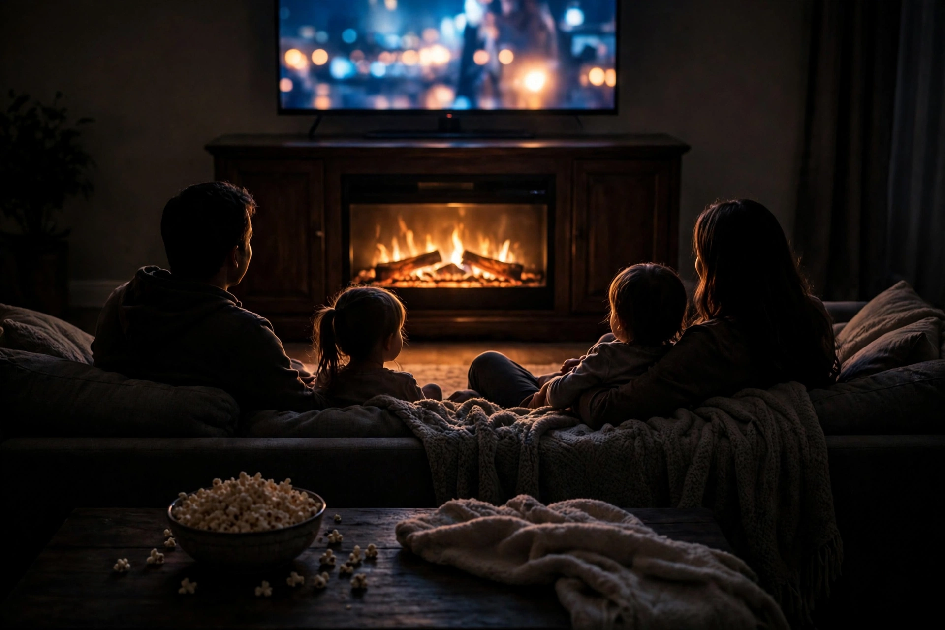 Family movie night with an electric fireplace TV stand glowing below the TV