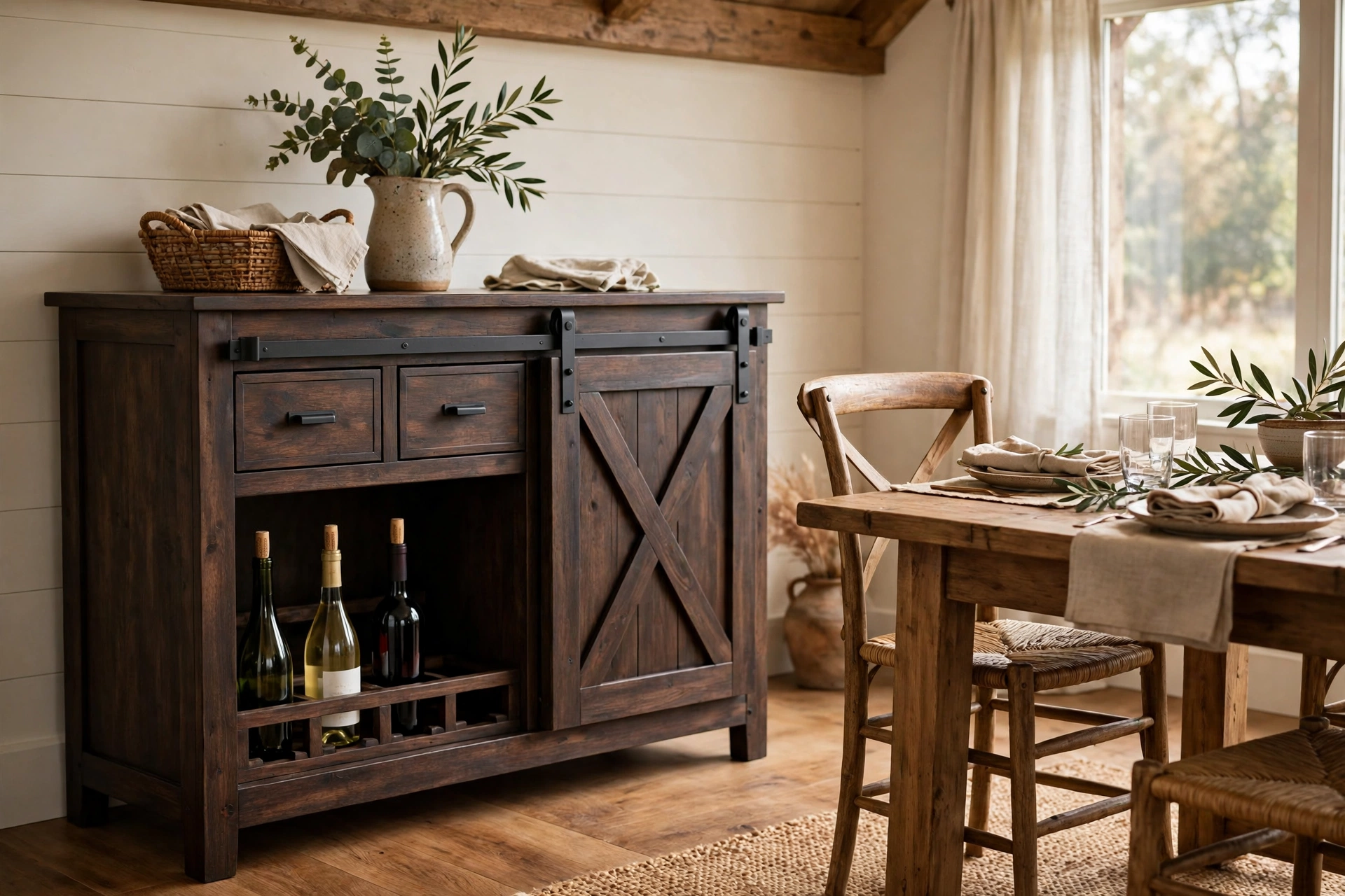Farmhouse buffet cabinet in espresso with wine rack and barn door in a dining room