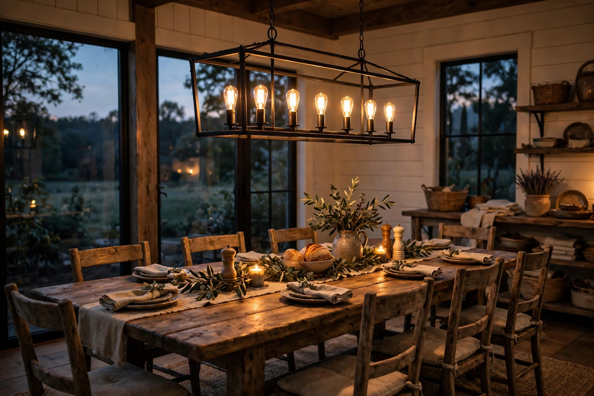 Farmhouse chandelier for dining room glowing over a wooden dining table