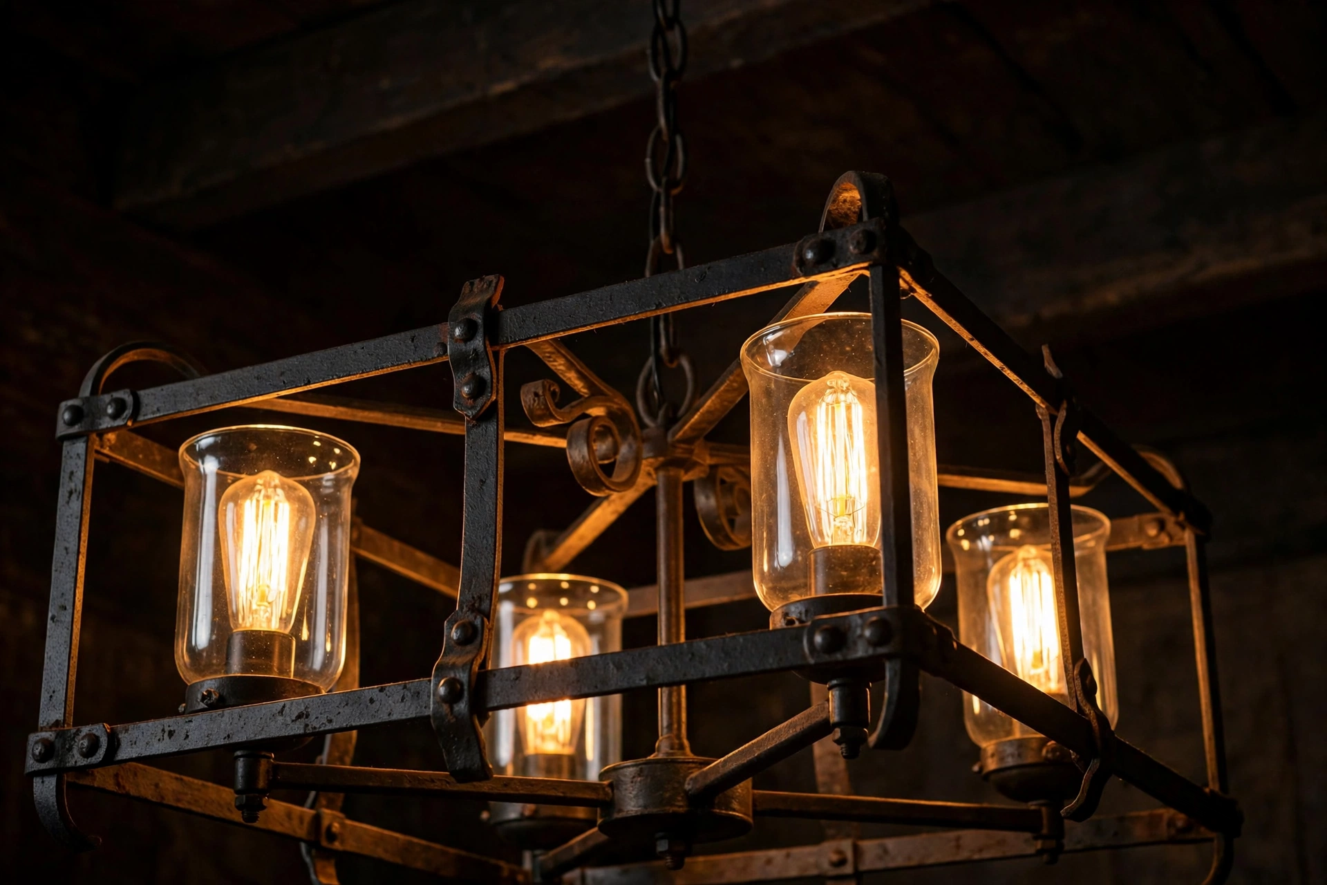 Close-up of farmhouse chandelier Edison bulbs and black iron frame