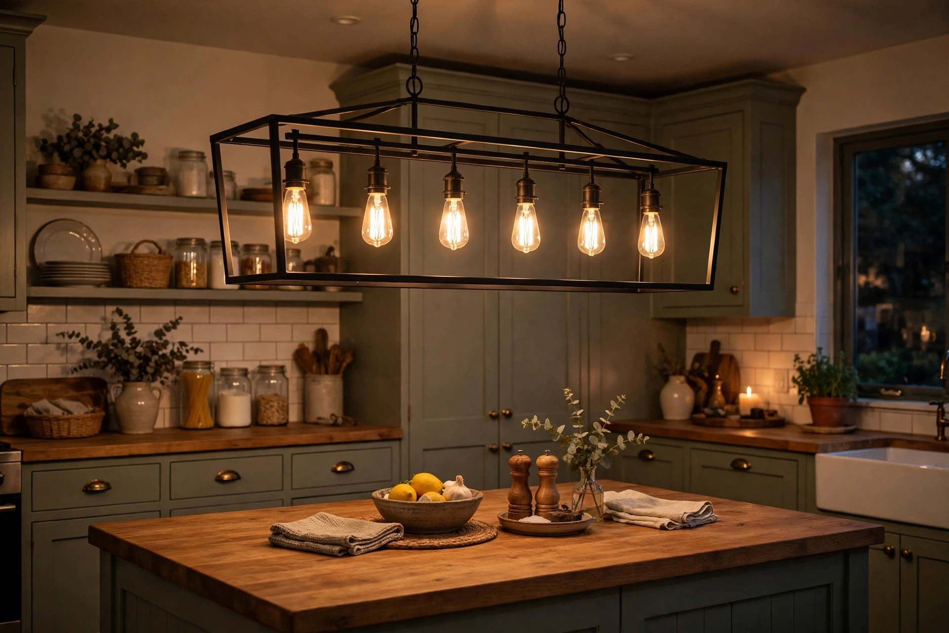 Farmhouse chandelier for dining room hung above a kitchen island