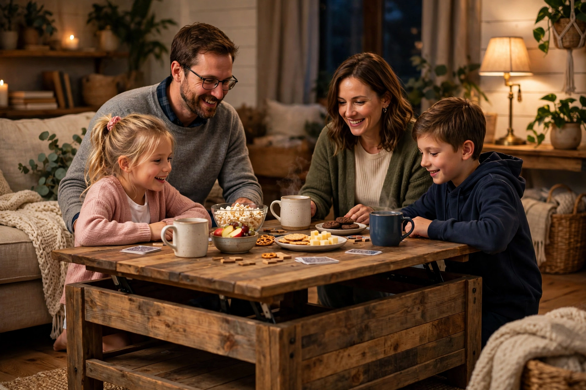 Family game night around a farmhouse coffee table with lift-top raised