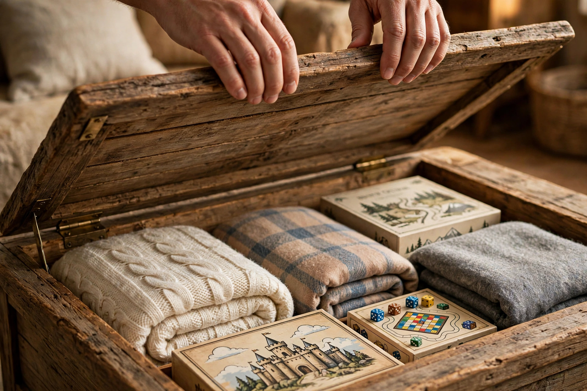 Hidden storage compartment inside a farmhouse coffee table with hinged lift-top