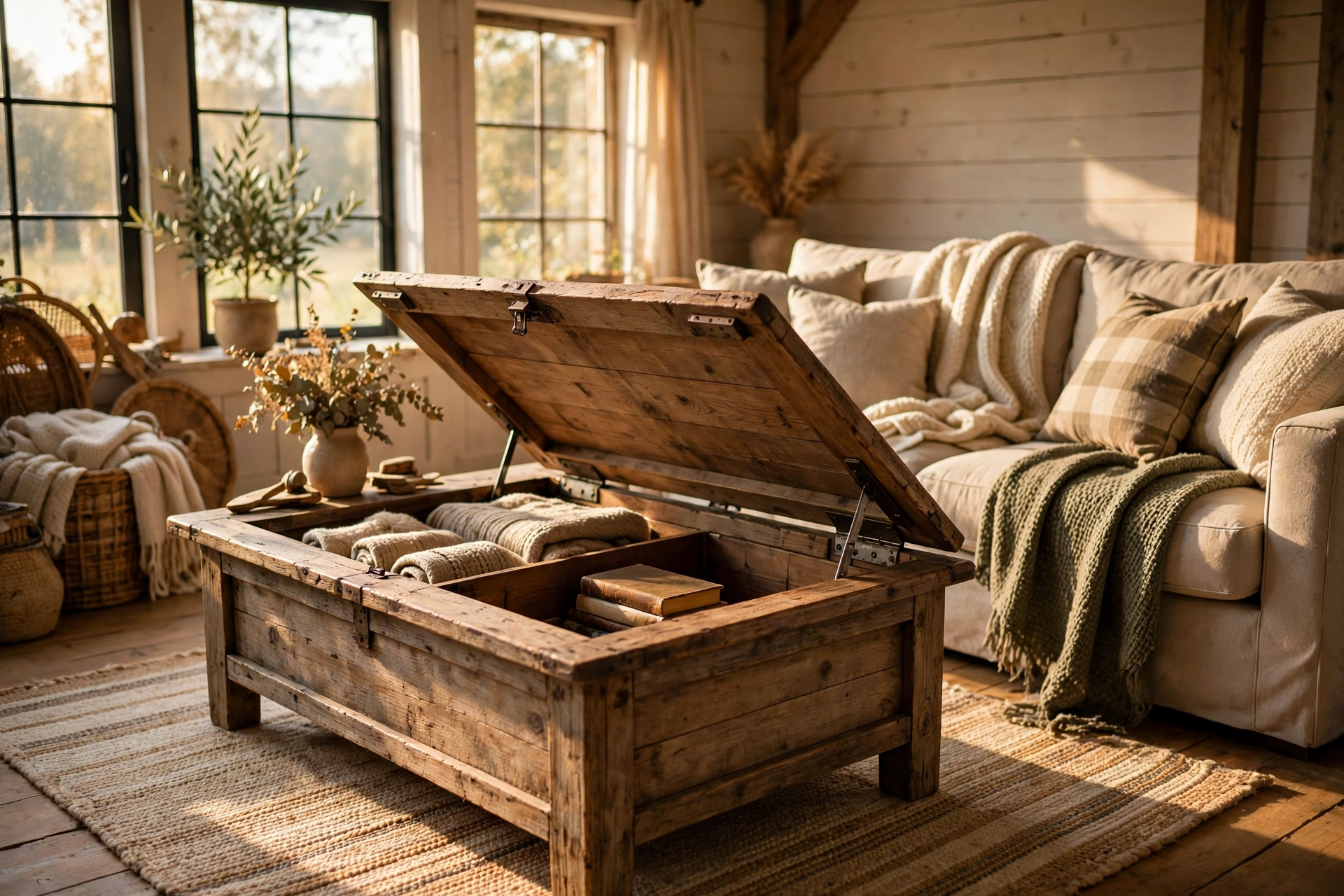 Farmhouse coffee table with hidden storage and lift-top open in a rustic living room