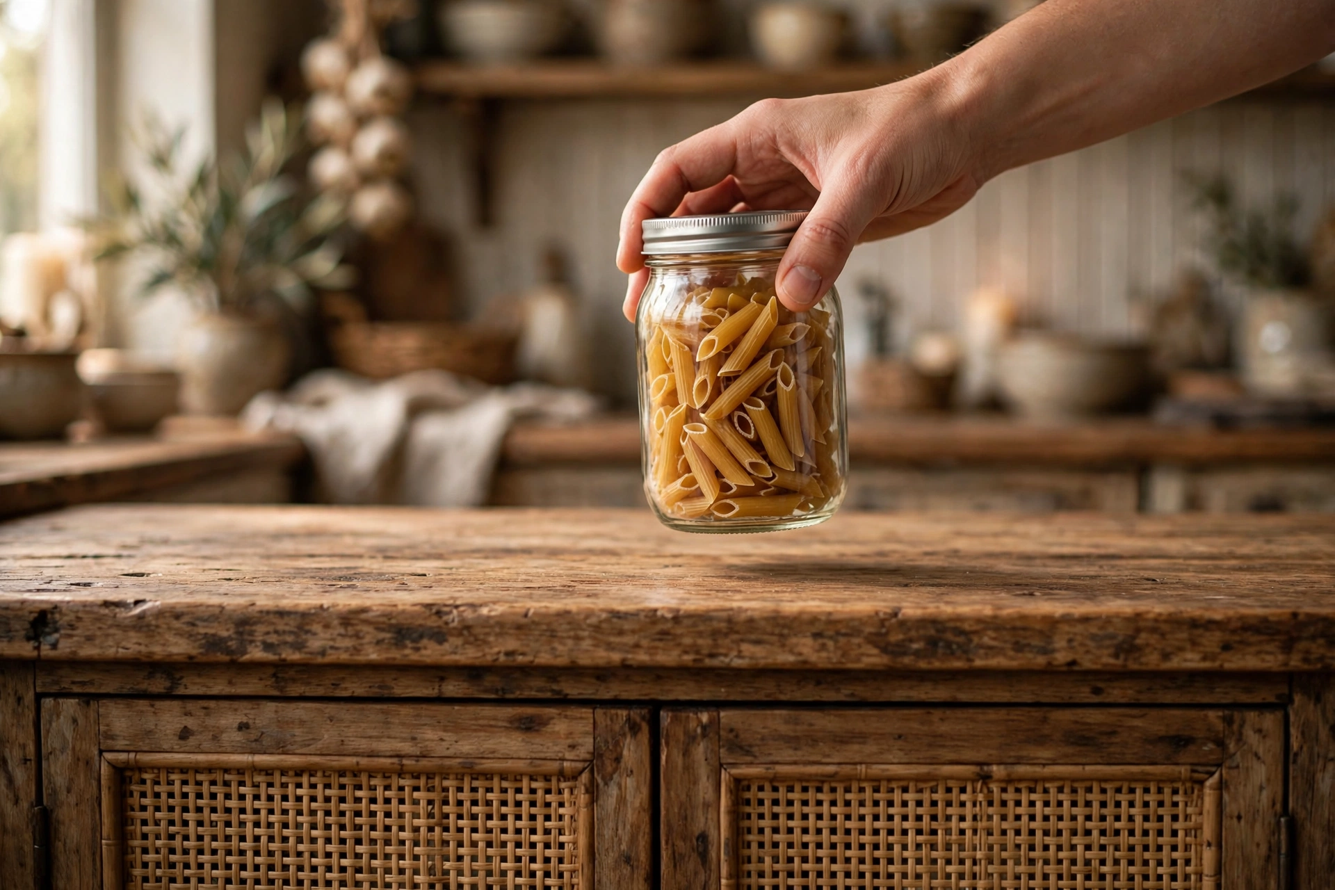 Wide countertop on farmhouse pantry cabinet styled with glass jars in a kitchen