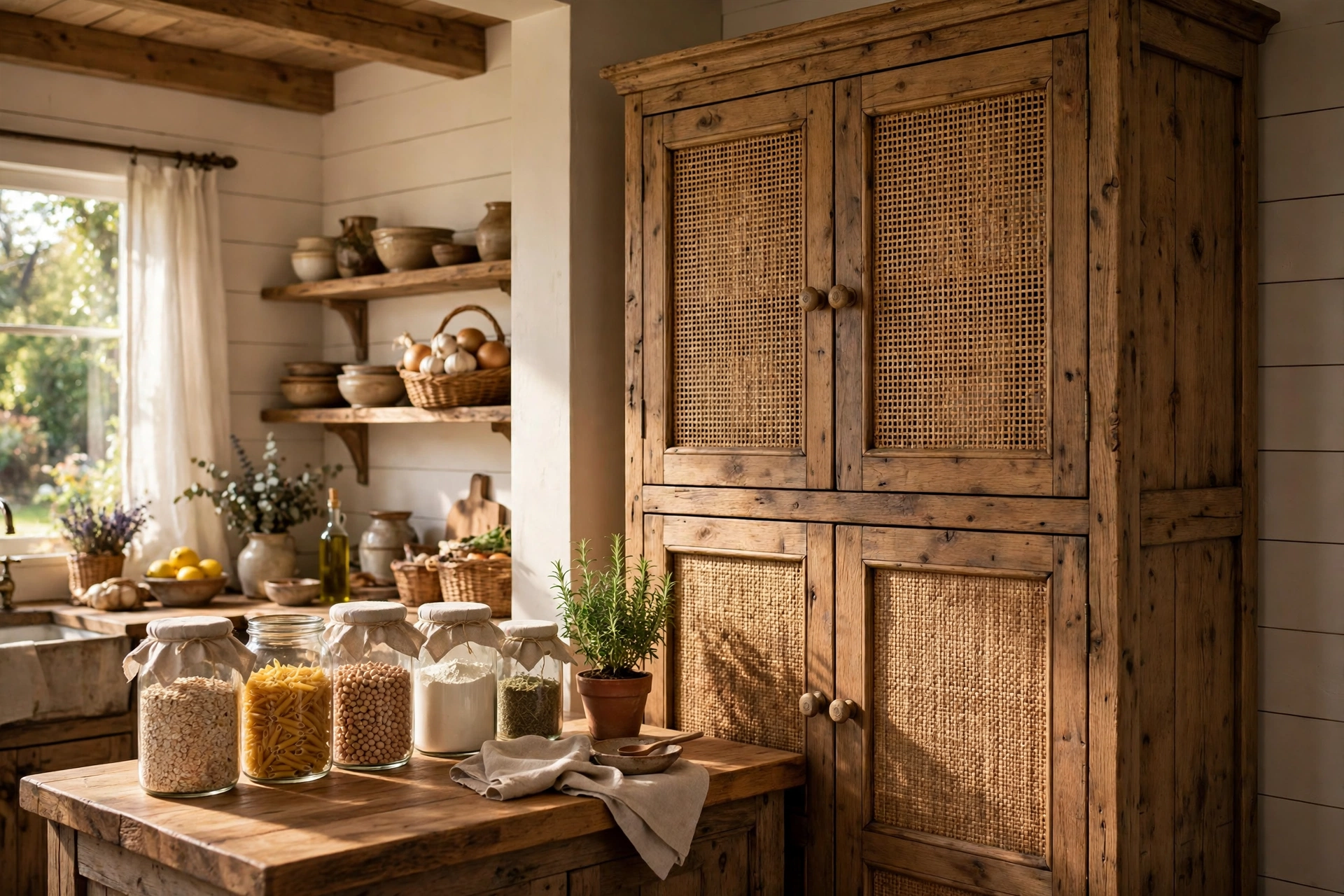 Farmhouse pantry cabinet with rattan doors in a cozy kitchen corner