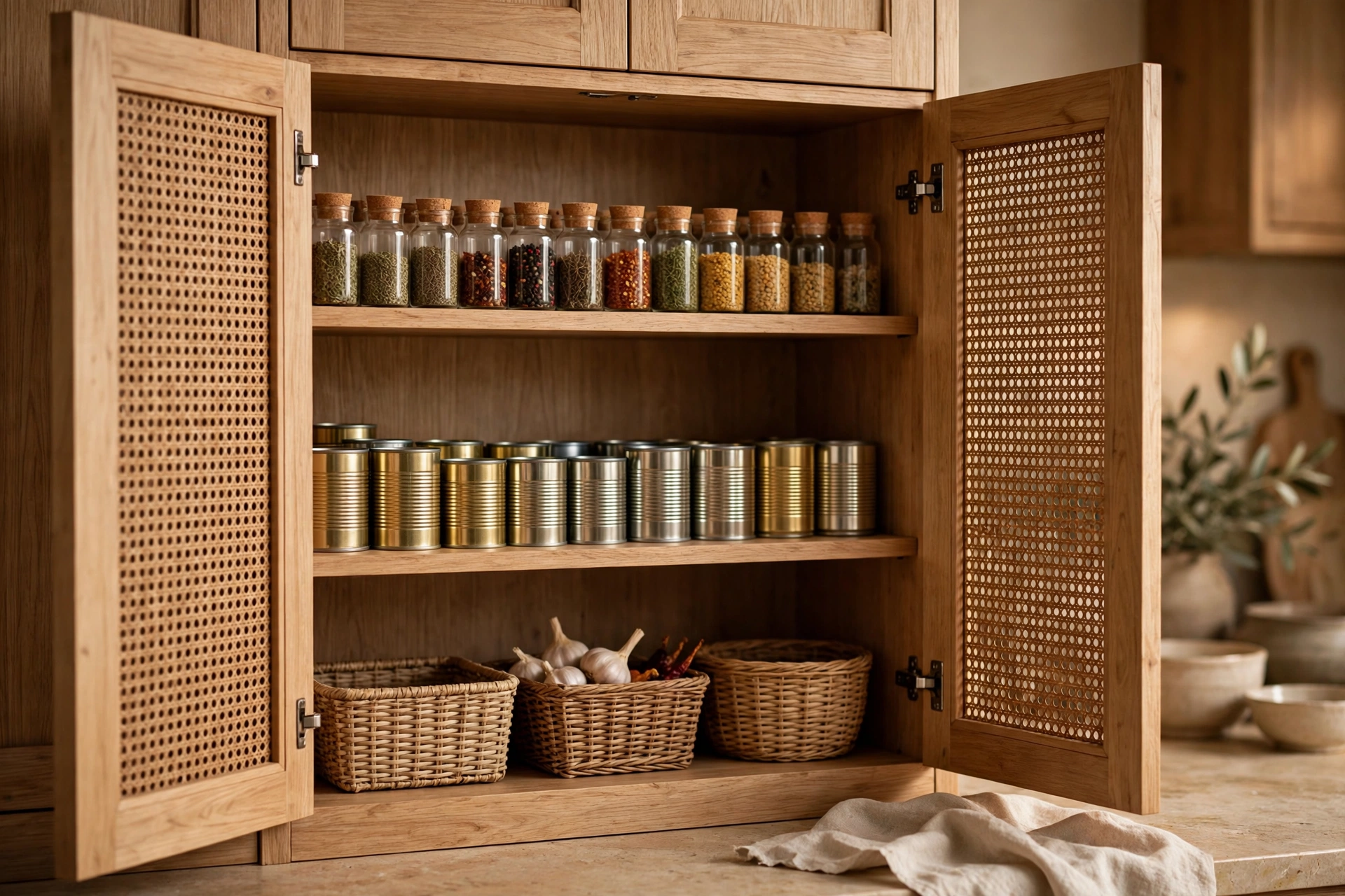 Organized interior shelves inside a farmhouse pantry cabinet with jars and cans