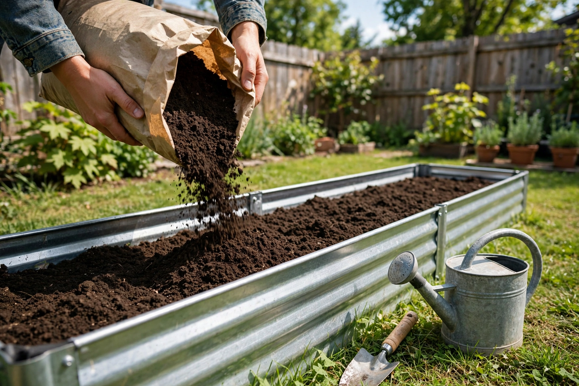 filling a raised garden bed kit with soil and compost layers