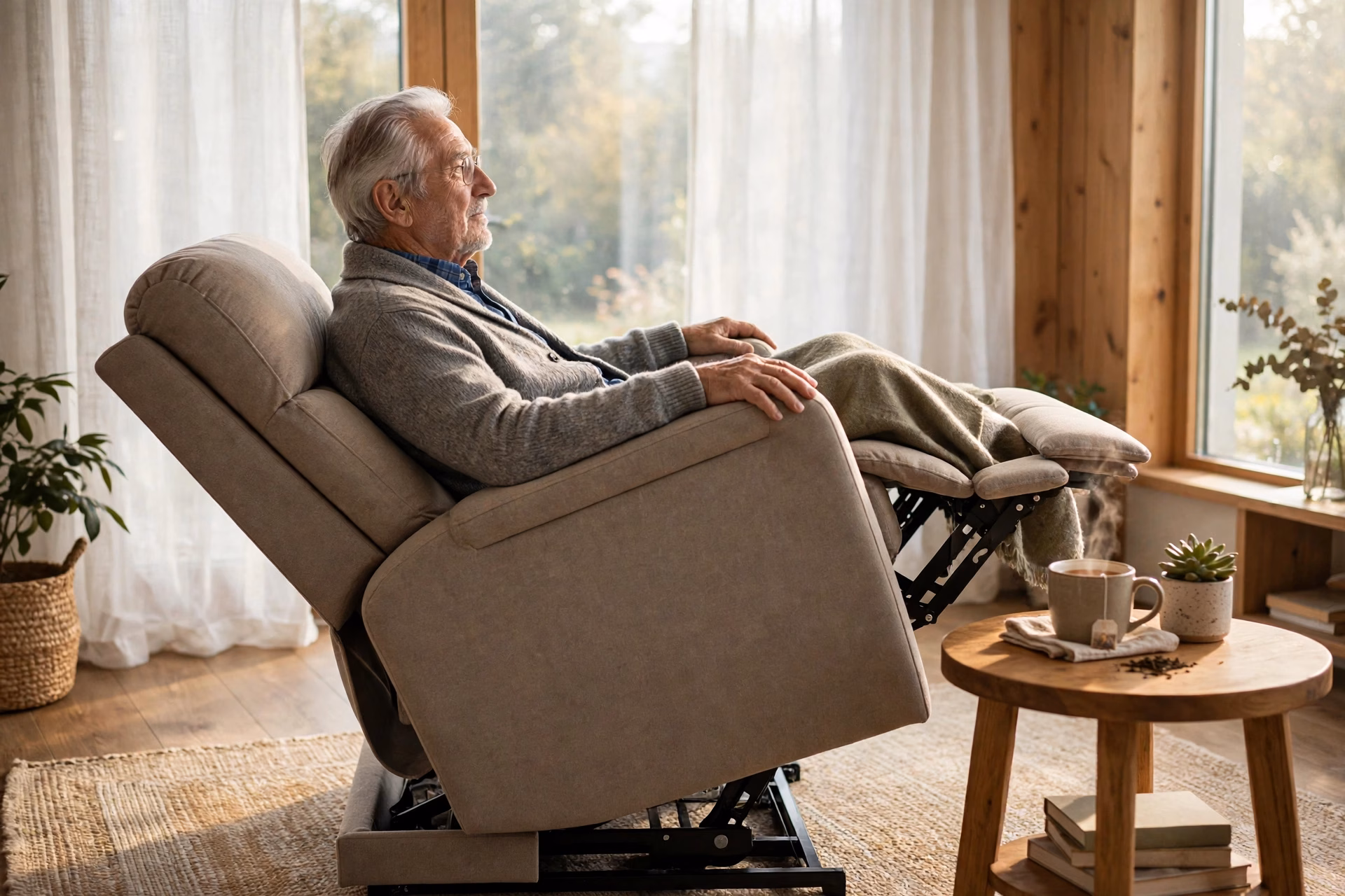 Elderly man using a power lift recliner chair to stand up with ease