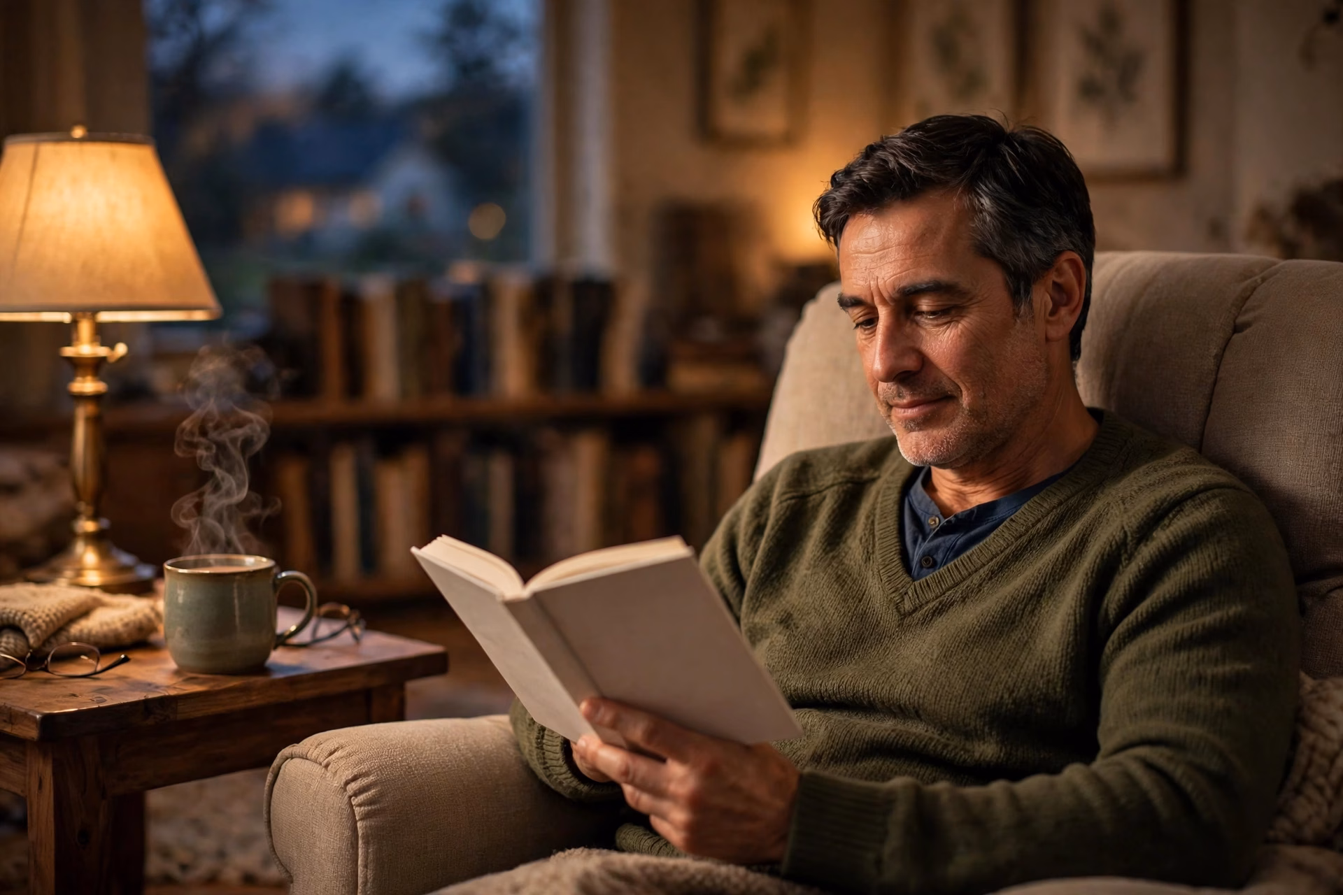 Man relaxing and reading a book in a heated massage recliner chair at home