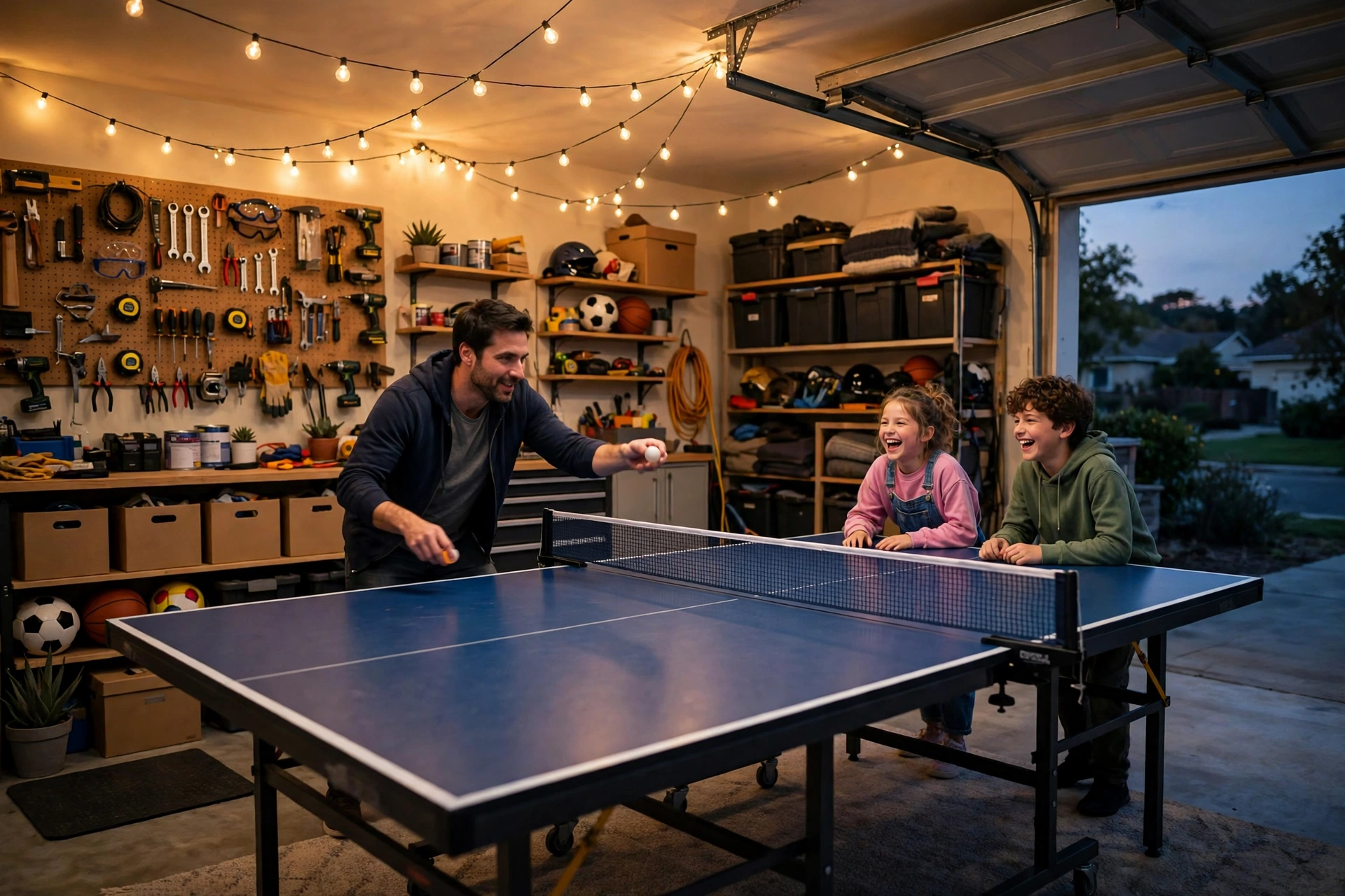 Foldable ping pong table in a garage game room at dusk, family playing table tennis