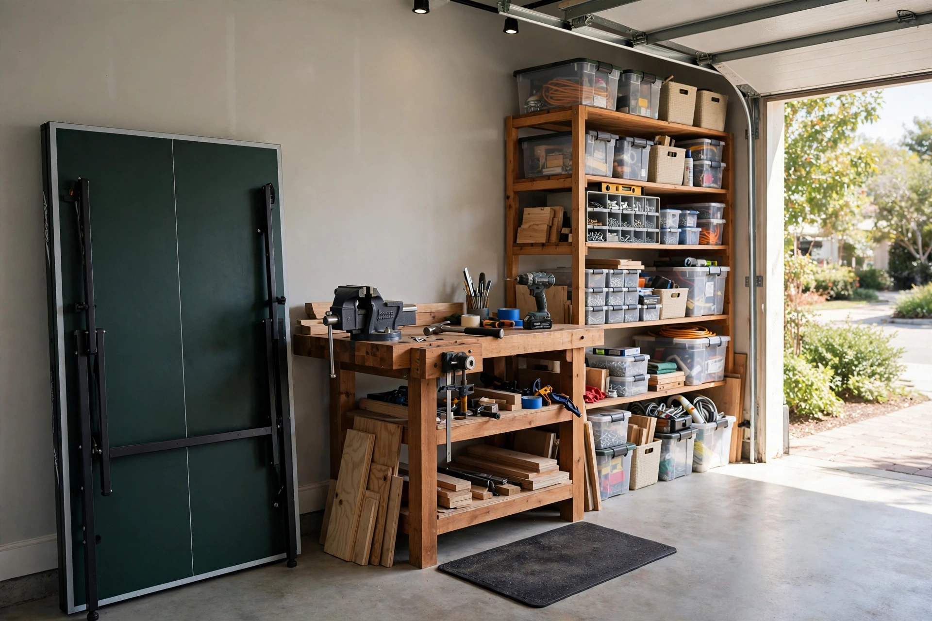 Foldable ping pong table folded upright flat against a garage wall for compact storage